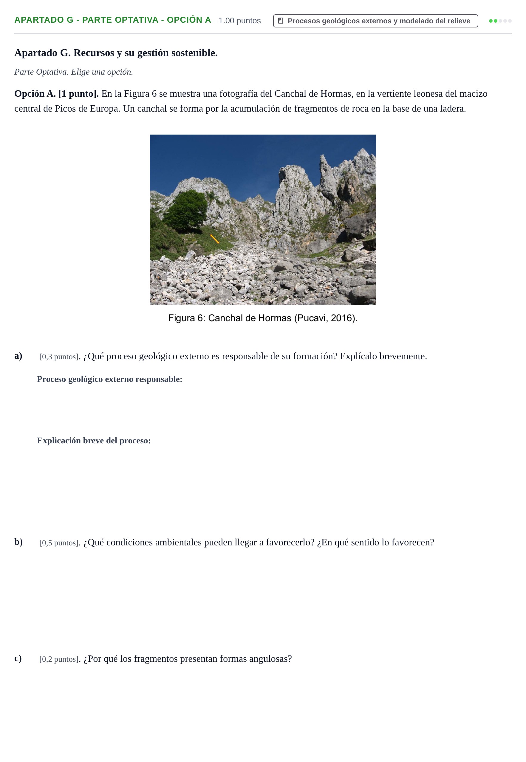 Enunciado: Apartado G - Parte Optativa - Opción A · Geología y Ciencias Ambientales PAU Cantabria Extraordinaria 2026