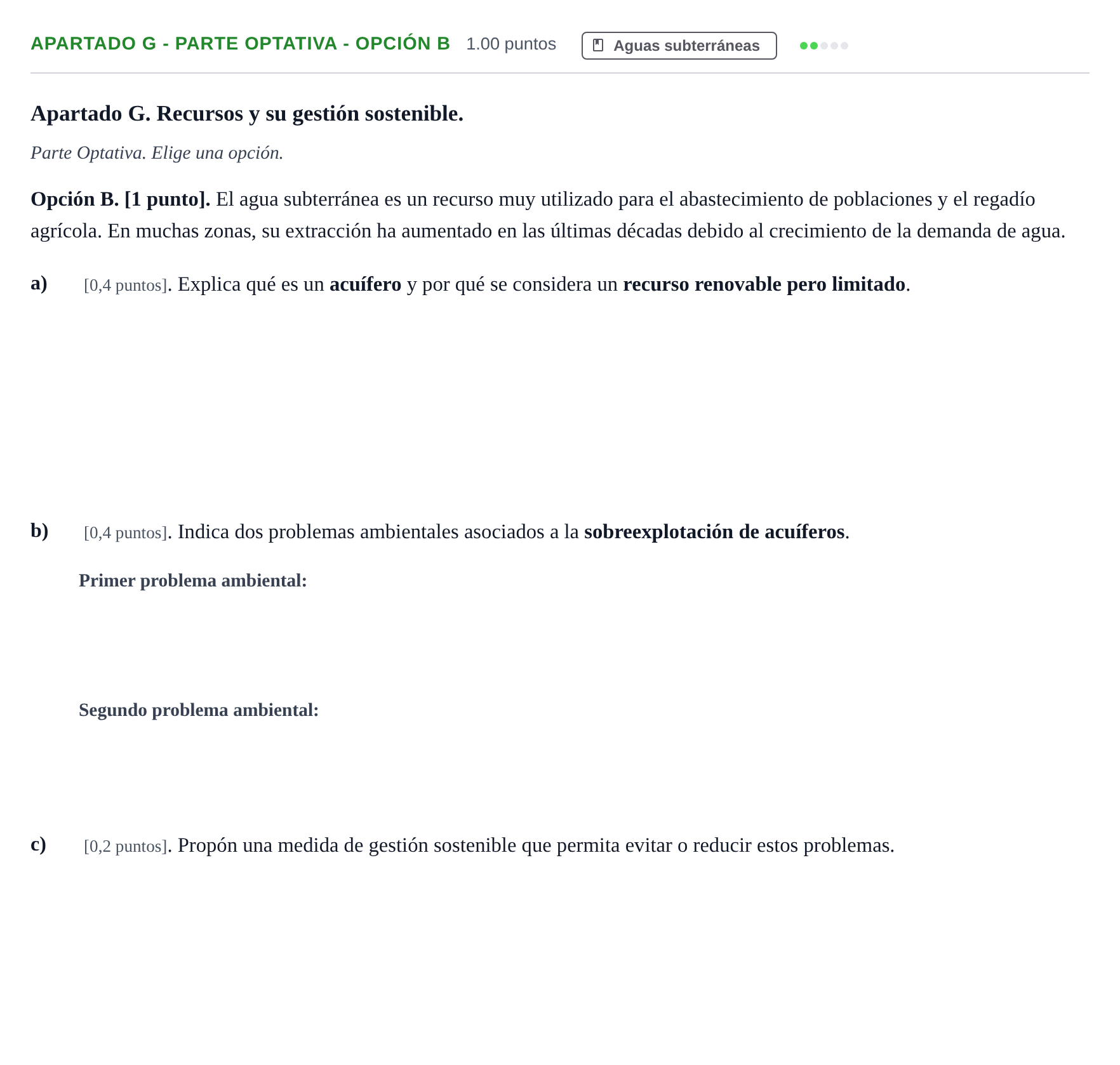 Enunciado: Apartado G - Parte Optativa - Opción B · Geología y Ciencias Ambientales PAU Cantabria Extraordinaria 2026