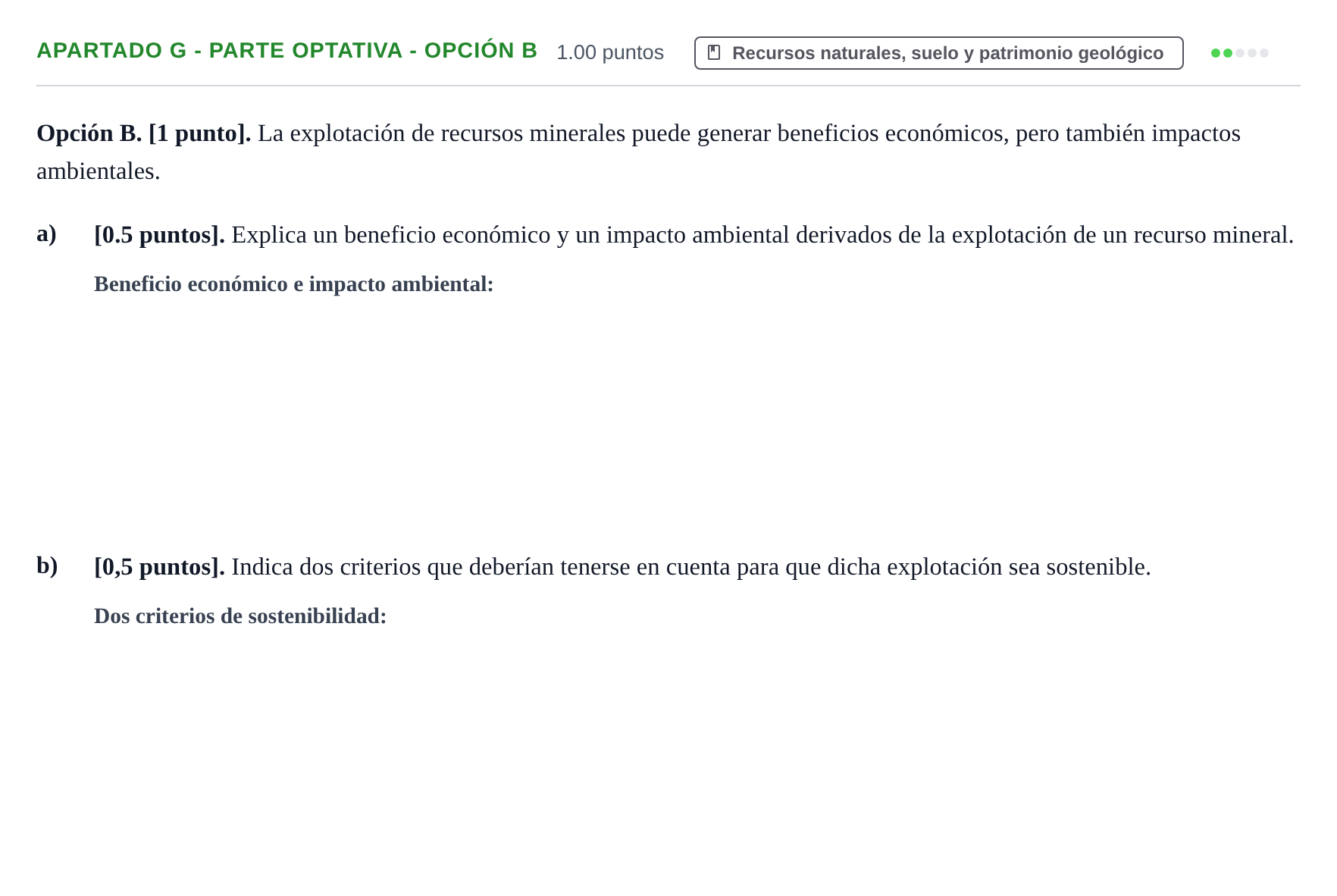 Enunciado: Apartado G - Parte Optativa - Opción B · Geología y Ciencias Ambientales PAU Cantabria Ordinaria 2026