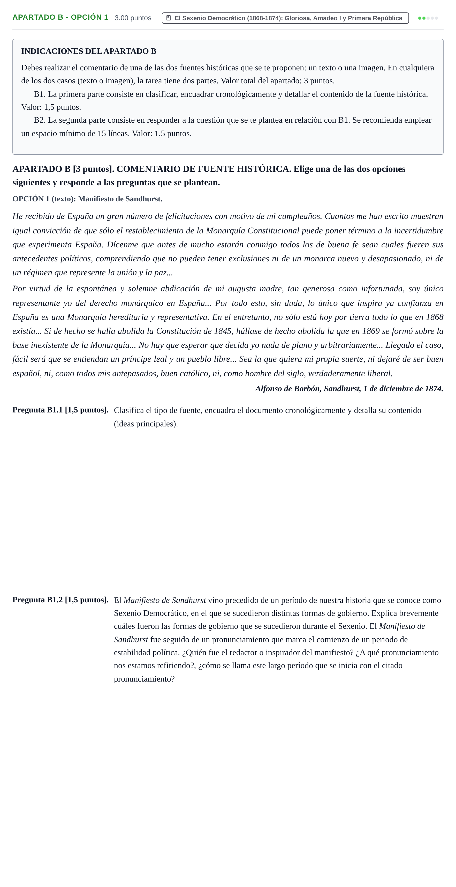 Enunciado: Apartado B - Opción 1 · Historia de España PAU Cantabria Extraordinaria 2026