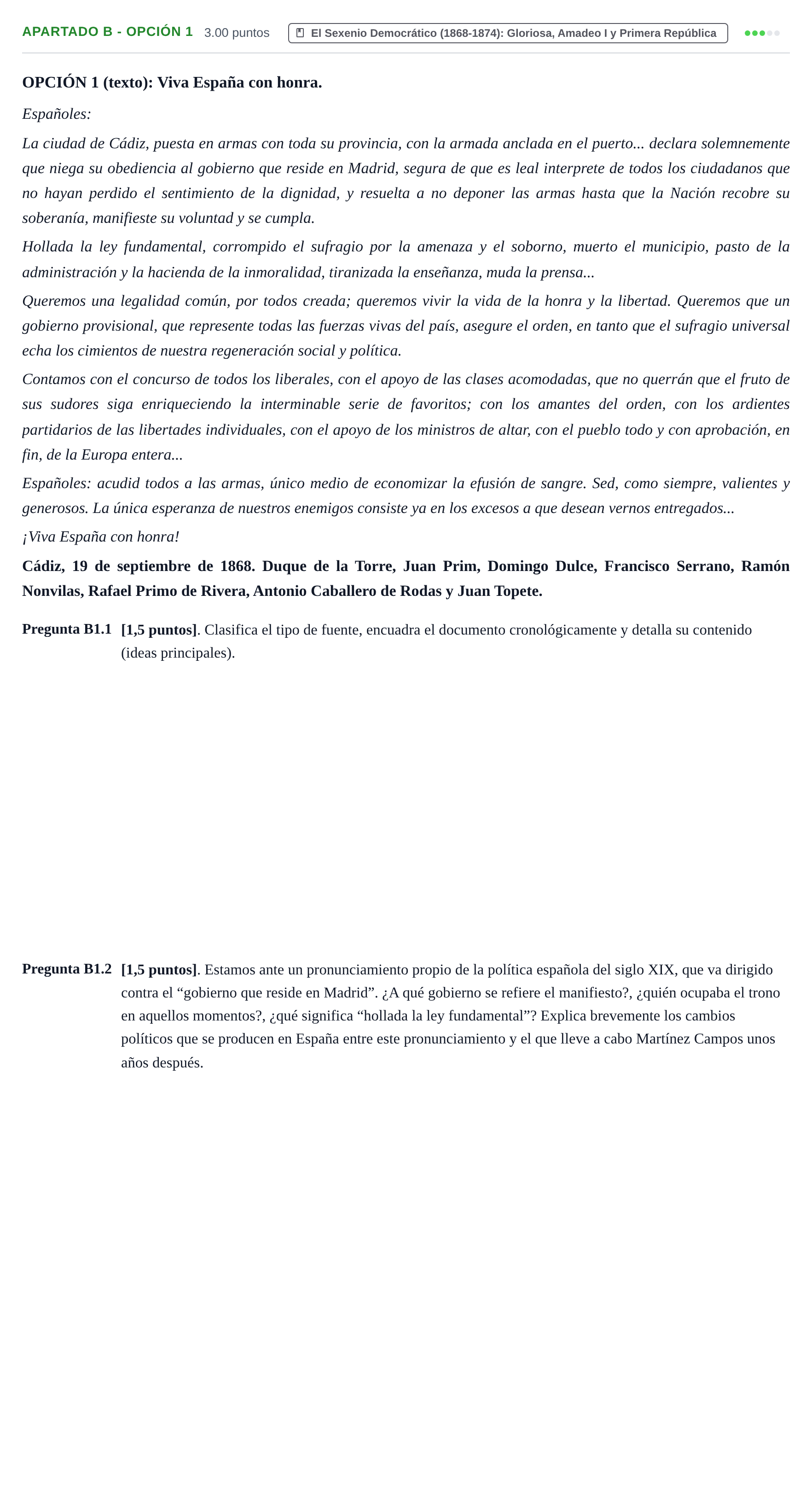 Enunciado: Apartado B - Opción 1 · Historia de España PAU Cantabria Ordinaria 2026