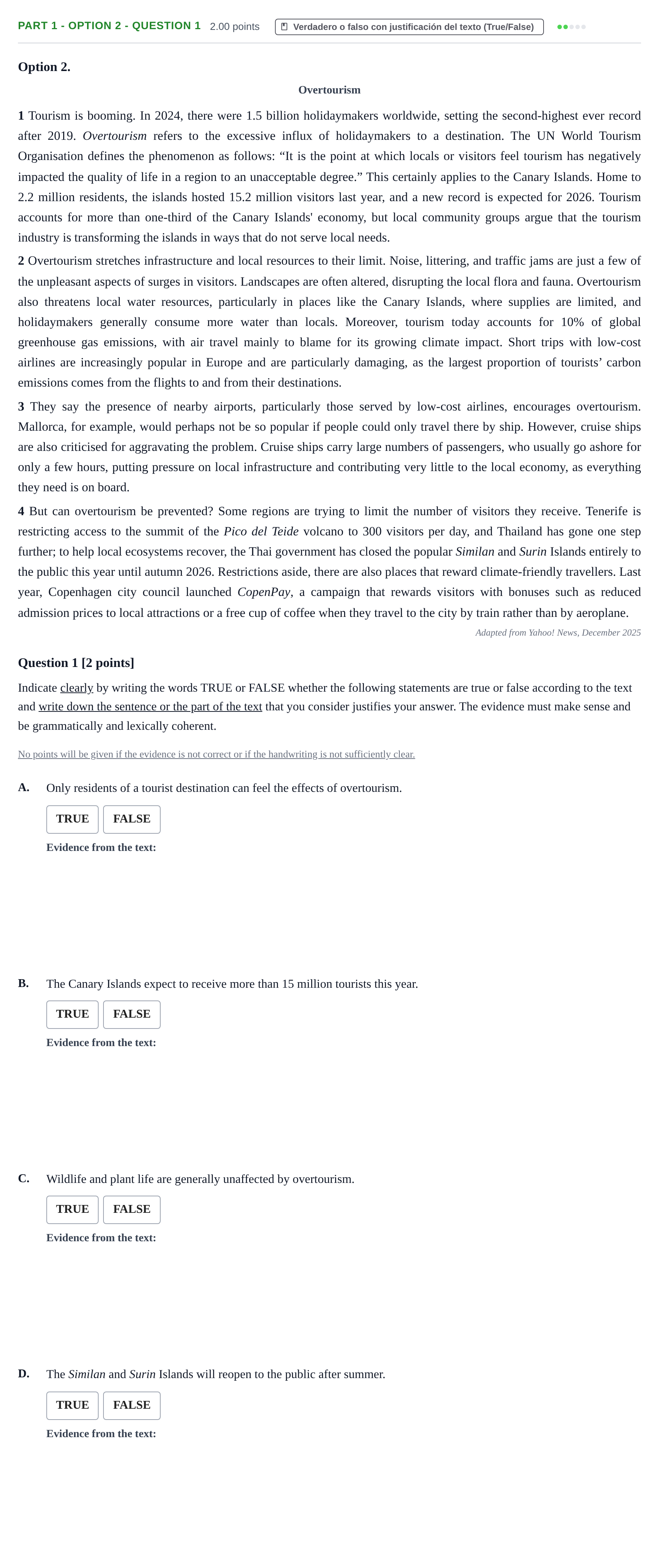 Enunciado: Part 1 - Option 2 - Question 1 · Inglés PAU Cantabria Extraordinaria 2026