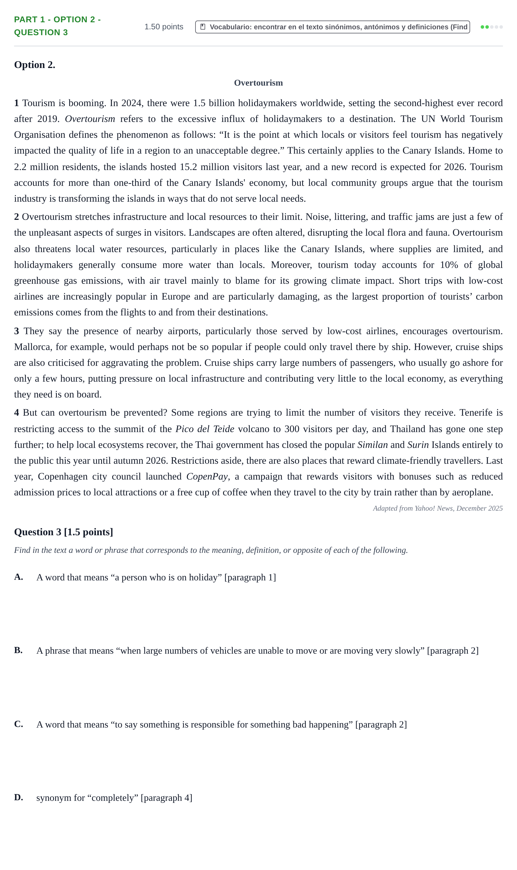 Enunciado: Part 1 - Option 2 - Question 3 · Inglés PAU Cantabria Extraordinaria 2026