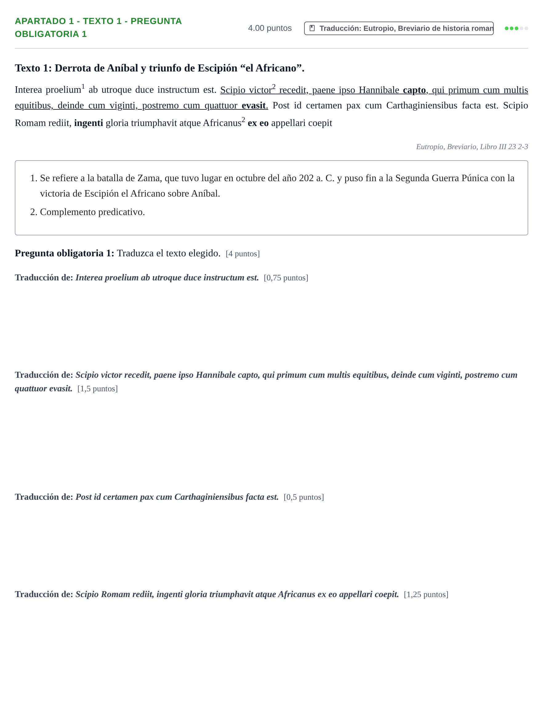 Enunciado: Apartado 1 - Texto 1 - Pregunta obligatoria 1 · Latín II PAU Cantabria Extraordinaria 2026
