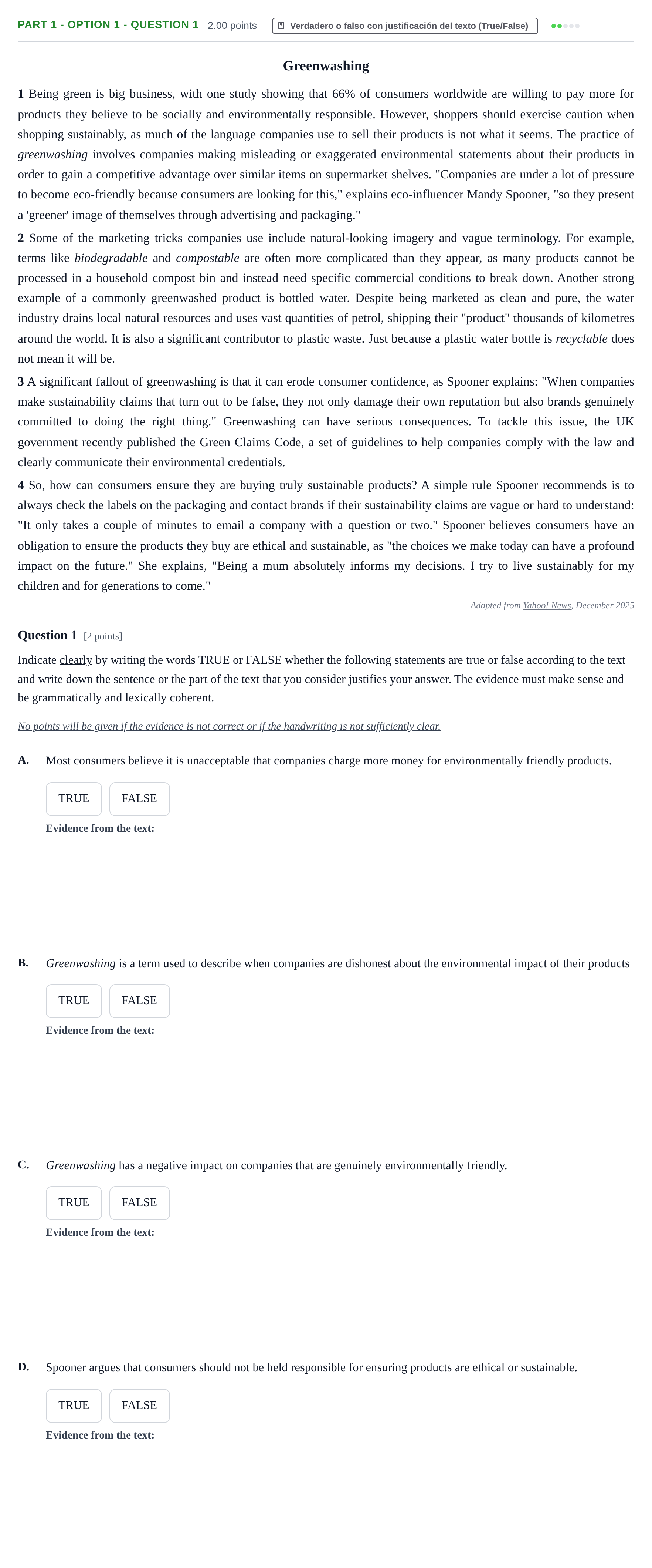 Enunciado: Part 1 - Option 1 - Question 1 · Inglés PAU Cantabria Ordinaria 2026