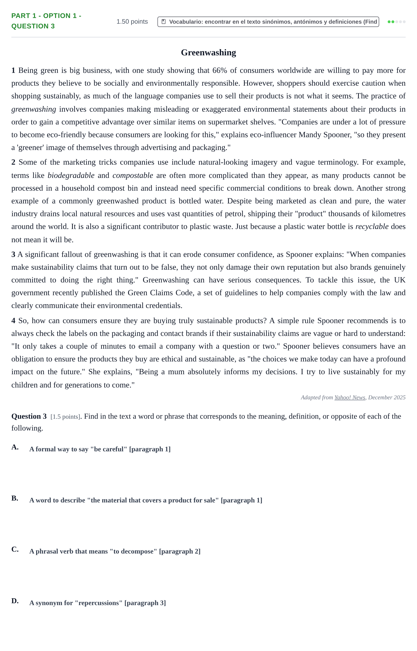 Enunciado: Part 1 - Option 1 - Question 3 · Inglés PAU Cantabria Ordinaria 2026