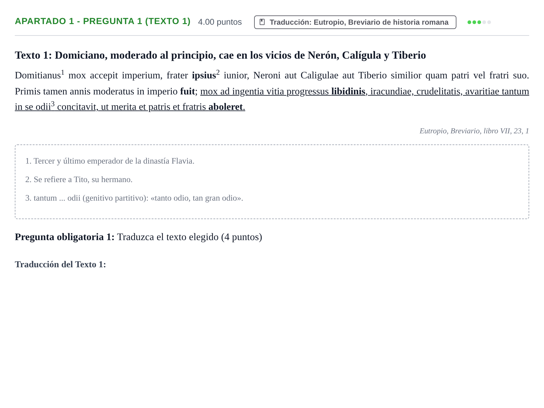 Enunciado: Apartado 1 - Pregunta 1 (Texto 1) · Latín II PAU Cantabria Ordinaria 2026