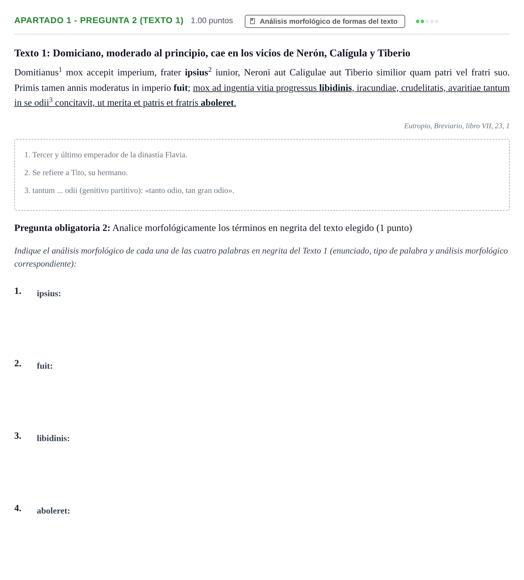Enunciado: Apartado 1 - Pregunta 2 (Texto 1) · Latín II PAU Cantabria Ordinaria 2026