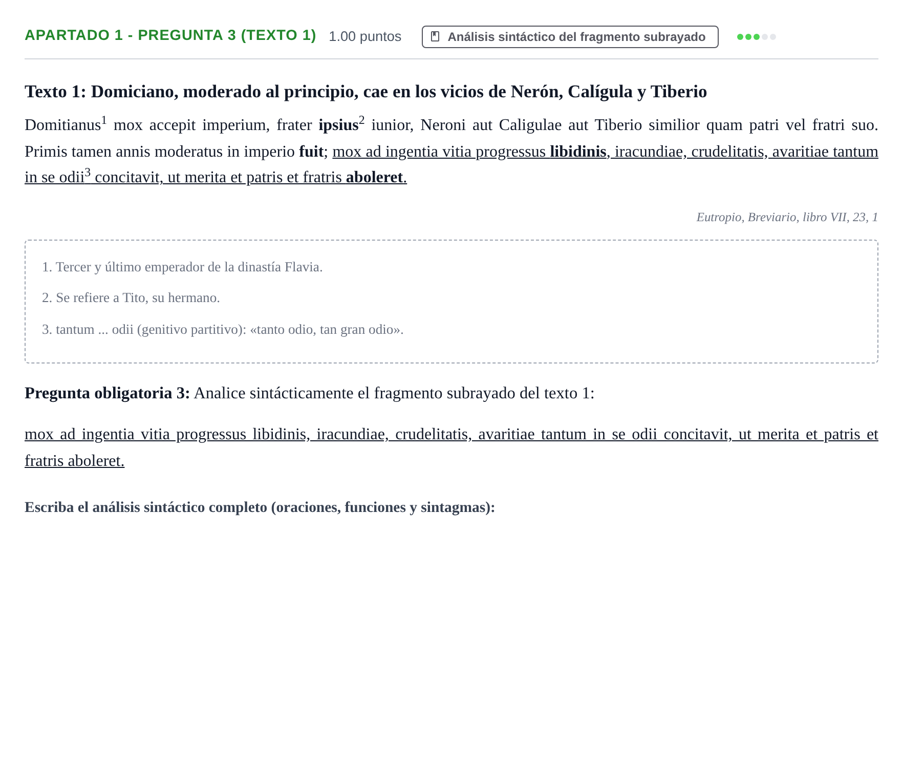 Enunciado: Apartado 1 - Pregunta 3 (Texto 1) · Latín II PAU Cantabria Ordinaria 2026