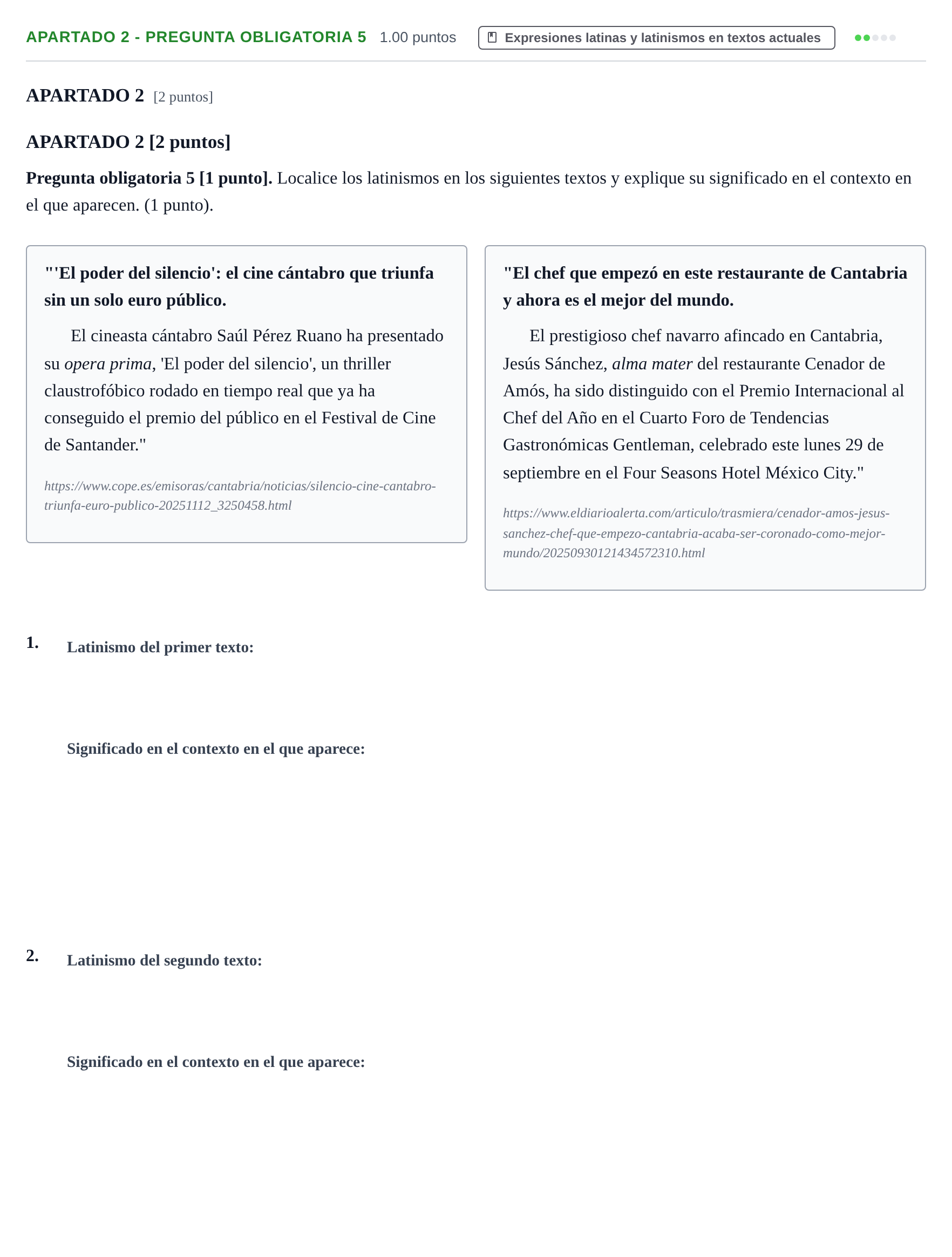 Enunciado: Apartado 2 - Pregunta obligatoria 5 · Latín II PAU Cantabria Ordinaria 2026