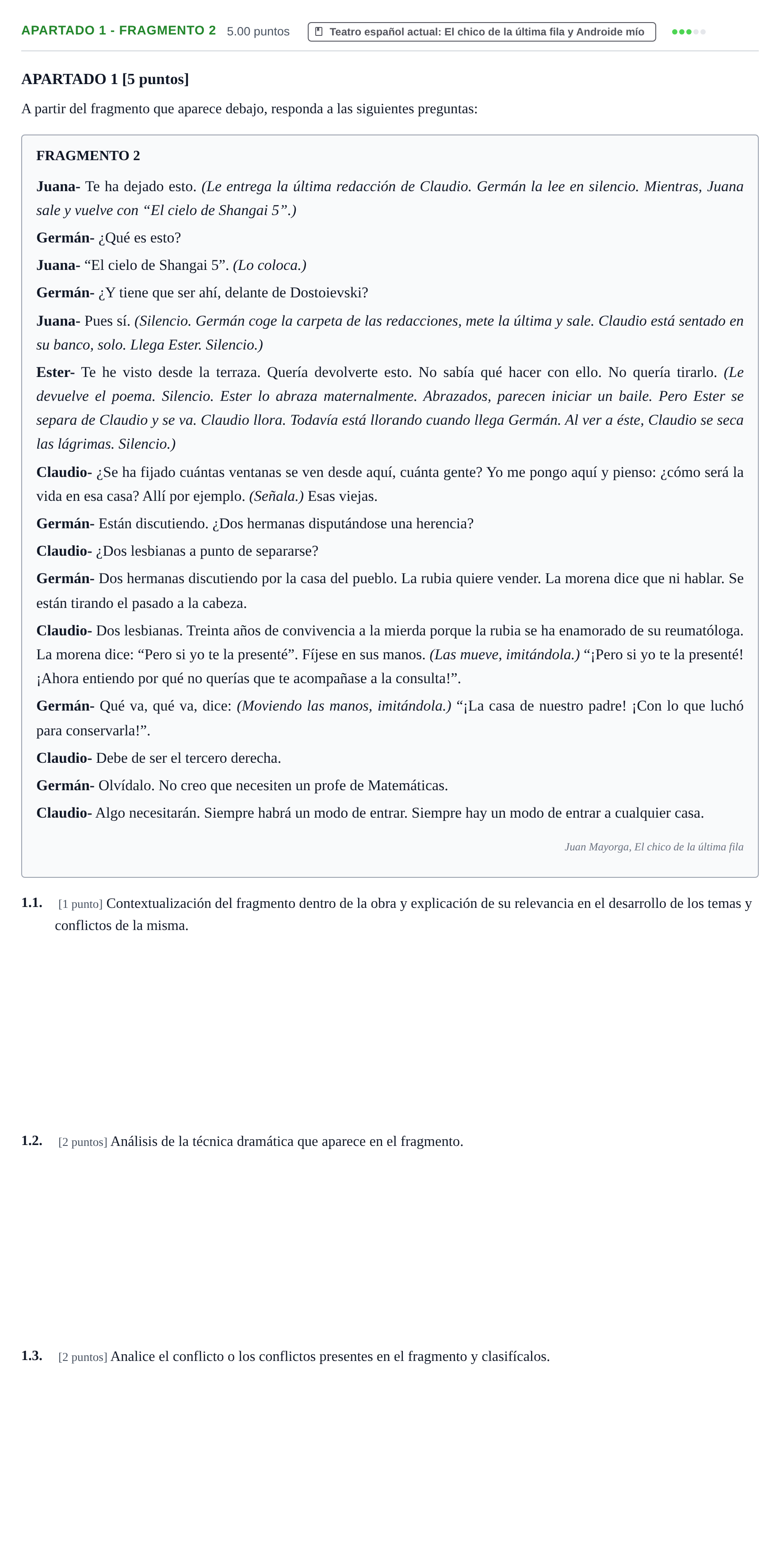 Enunciado: Apartado 1 - Fragmento 2 · Literatura Dramática PAU Cantabria Ordinaria 2026