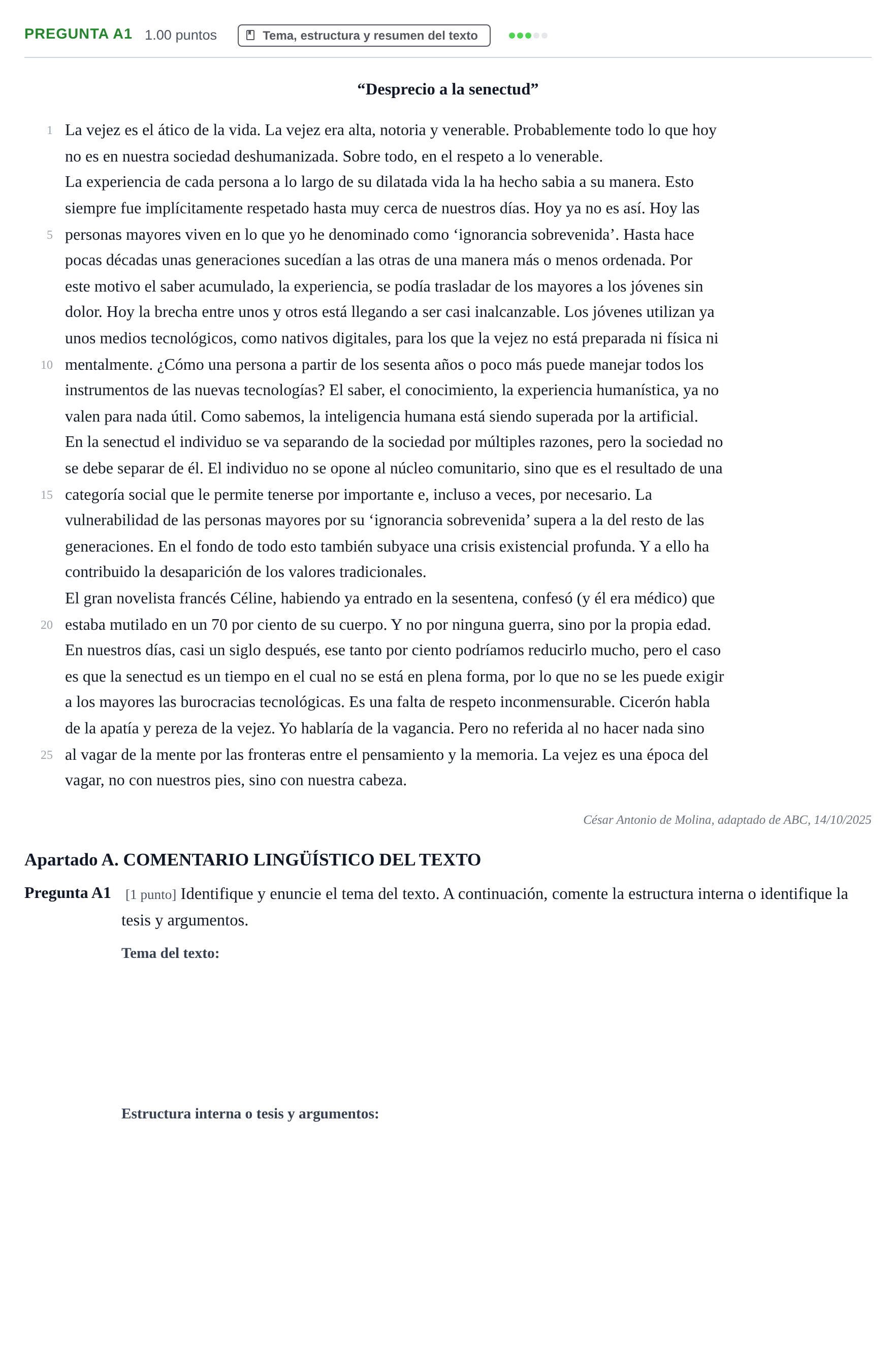 Enunciado: Pregunta A1 · Lengua Castellana y Literatura II PAU Cantabria Extraordinaria 2026