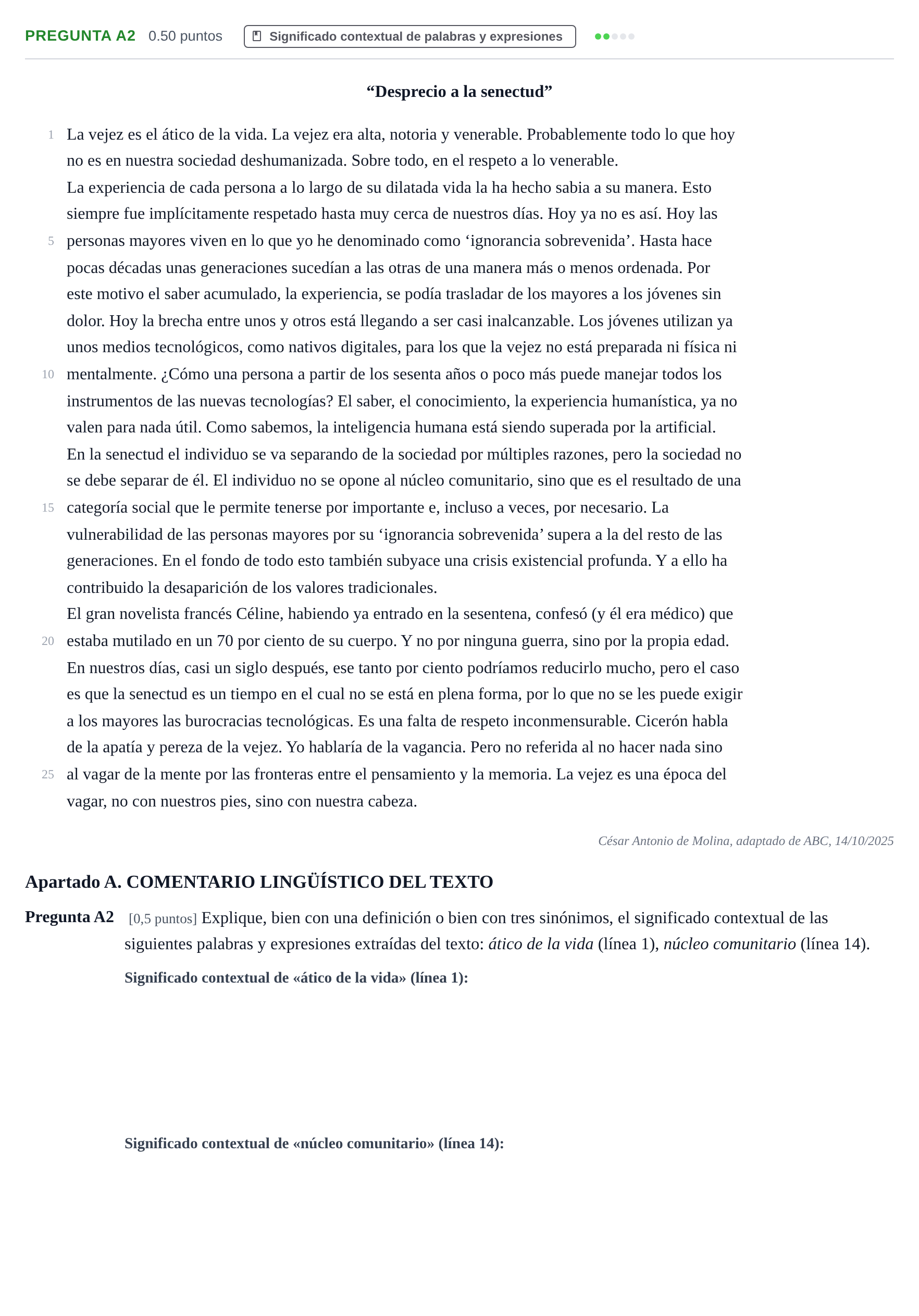Enunciado: Pregunta A2 · Lengua Castellana y Literatura II PAU Cantabria Extraordinaria 2026