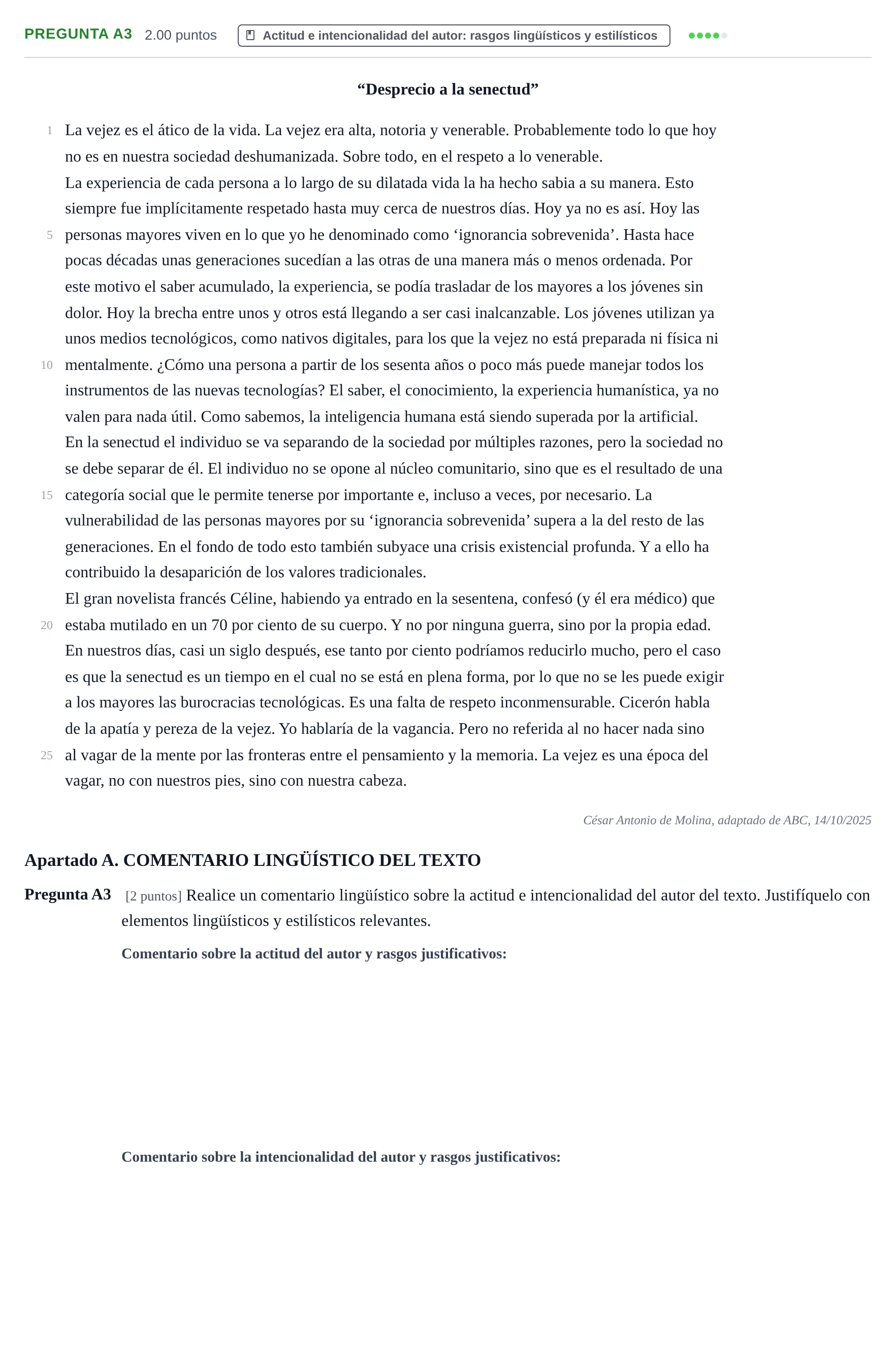 Enunciado: Pregunta A3 · Lengua Castellana y Literatura II PAU Cantabria Extraordinaria 2026