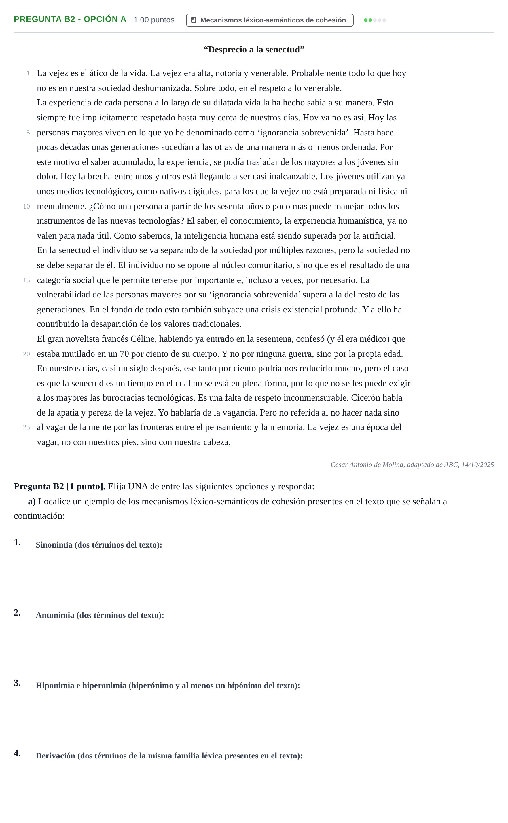 Enunciado: Pregunta B2 - Opción a · Lengua Castellana y Literatura II PAU Cantabria Extraordinaria 2026
