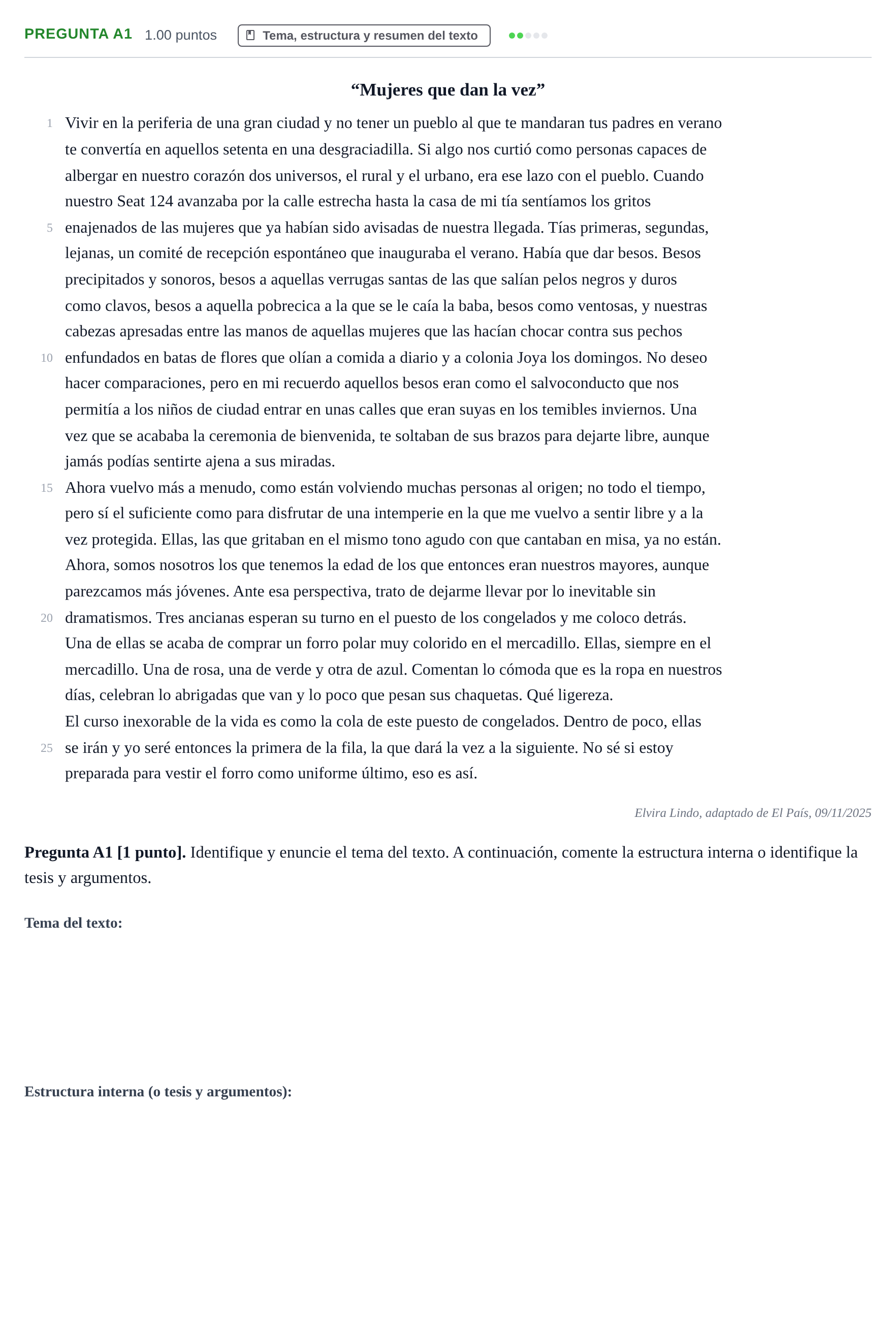 Enunciado: Pregunta A1 · Lengua Castellana y Literatura II PAU Cantabria Ordinaria 2026