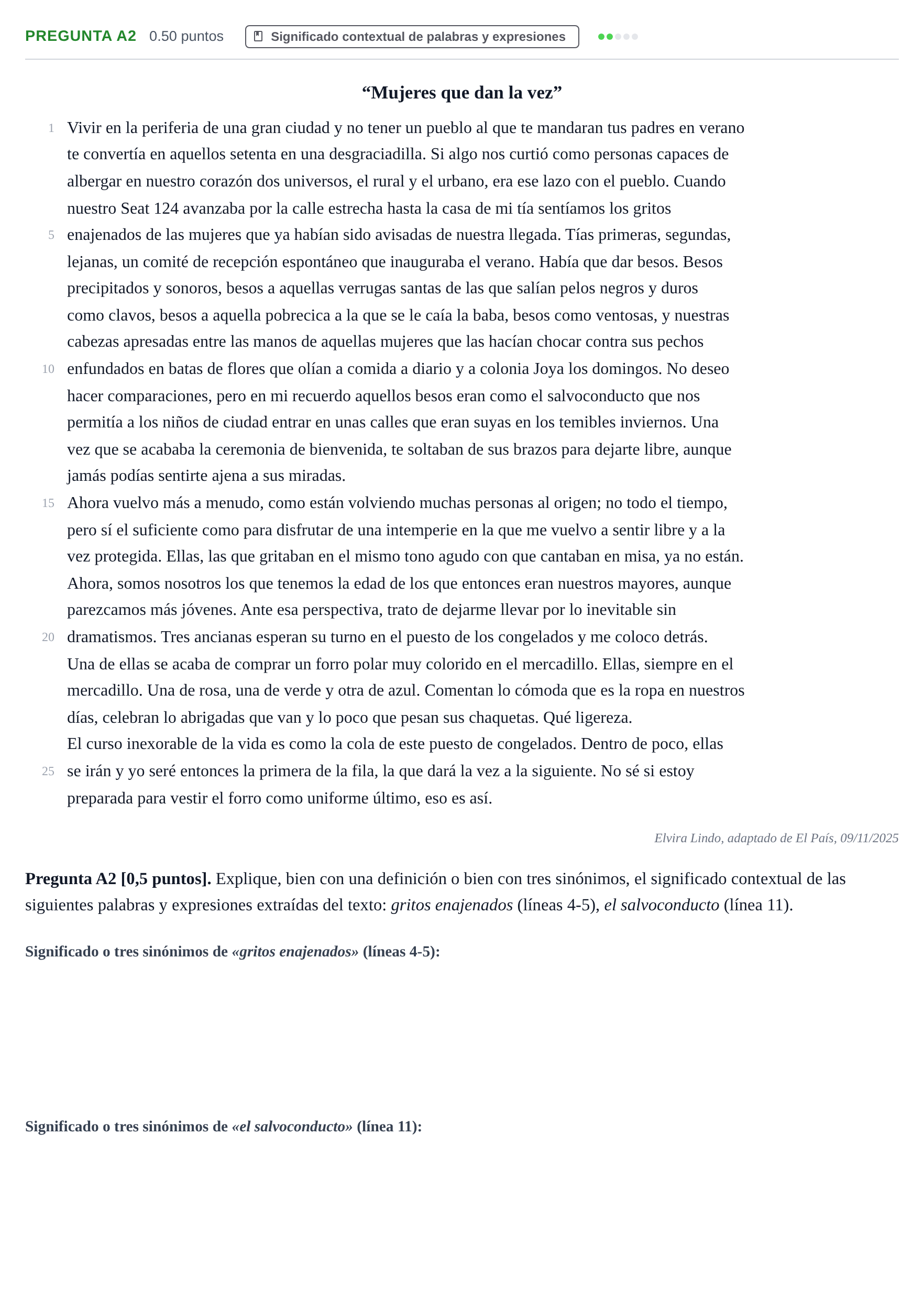 Enunciado: Pregunta A2 · Lengua Castellana y Literatura II PAU Cantabria Ordinaria 2026