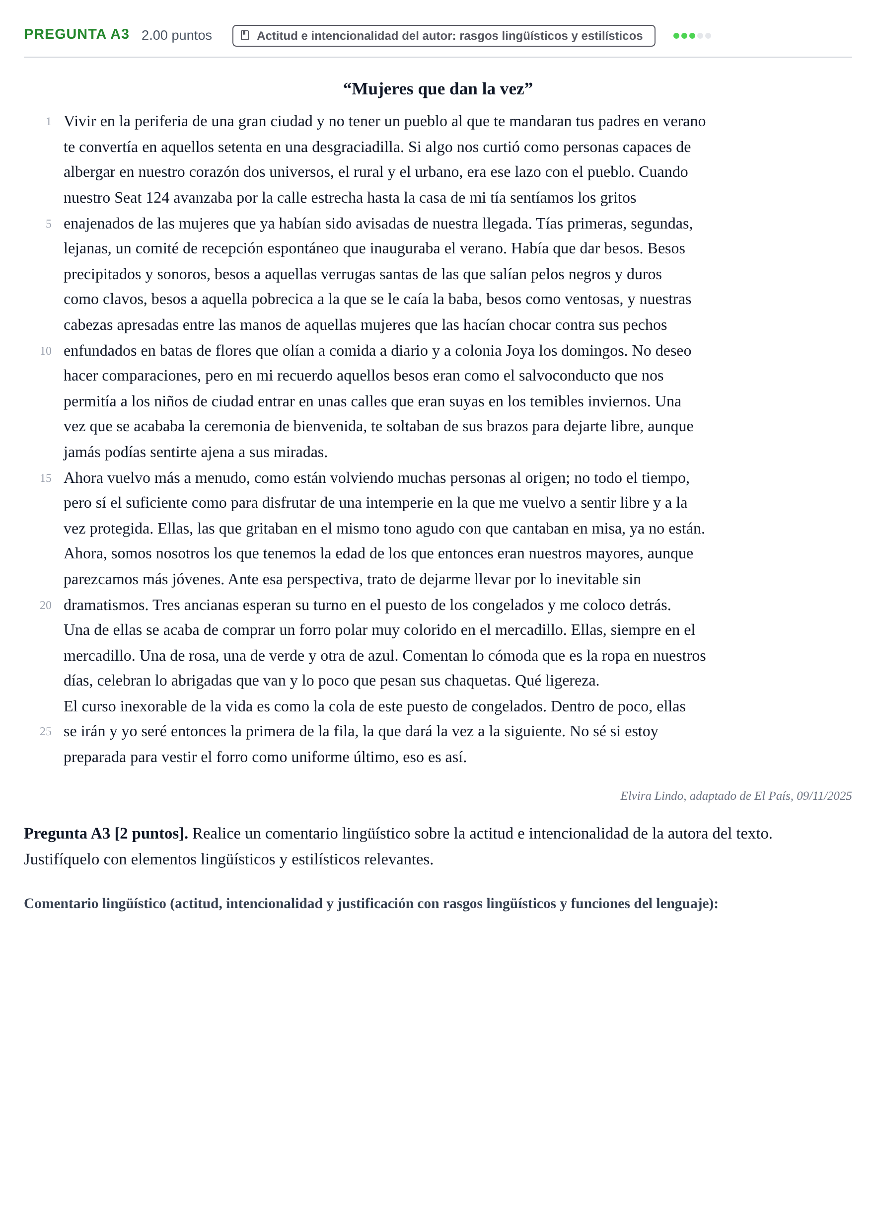 Enunciado: Pregunta A3 · Lengua Castellana y Literatura II PAU Cantabria Ordinaria 2026