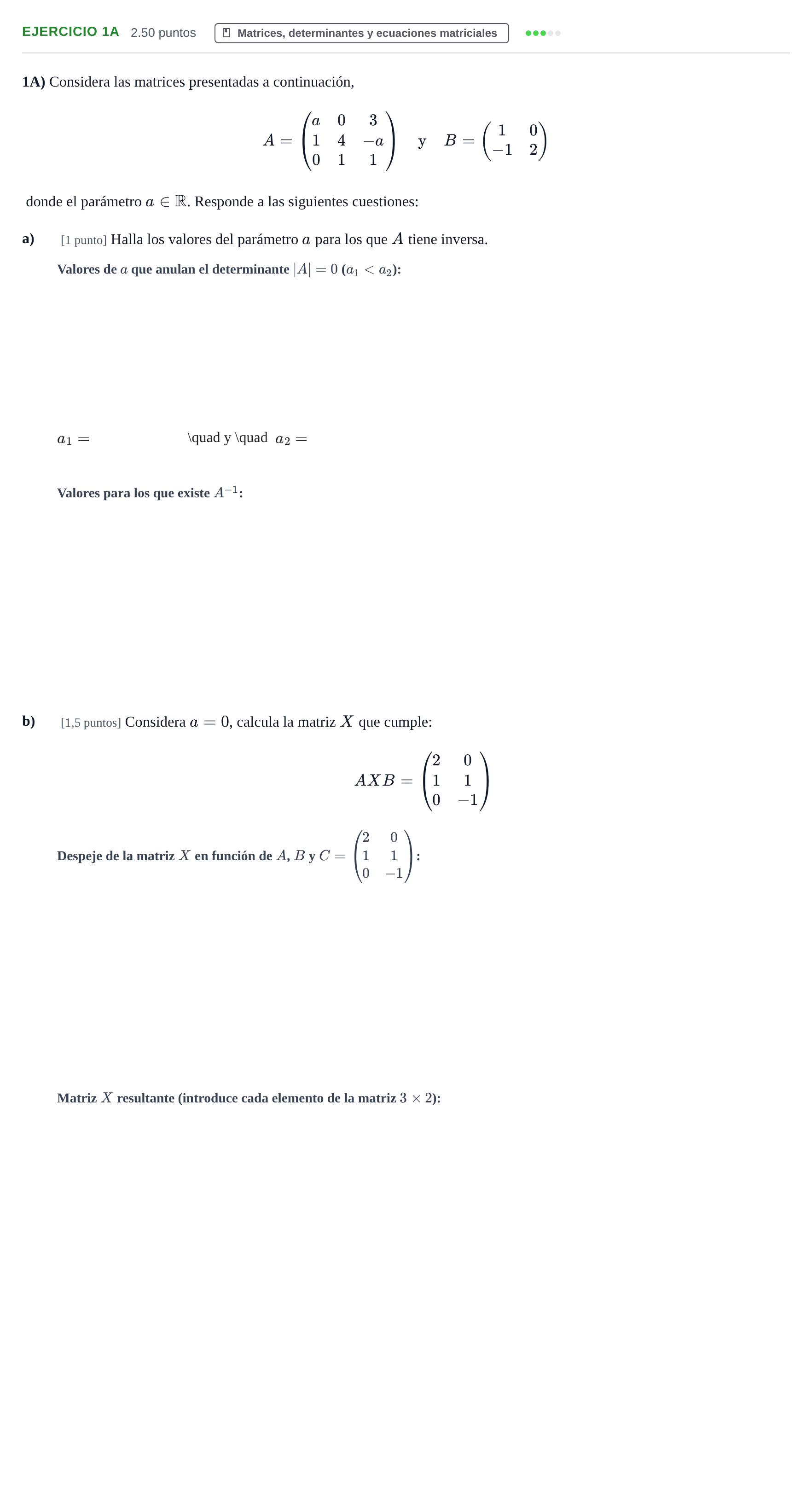Enunciado: Ejercicio 1A · Matemáticas II PAU Cantabria Extraordinaria 2026