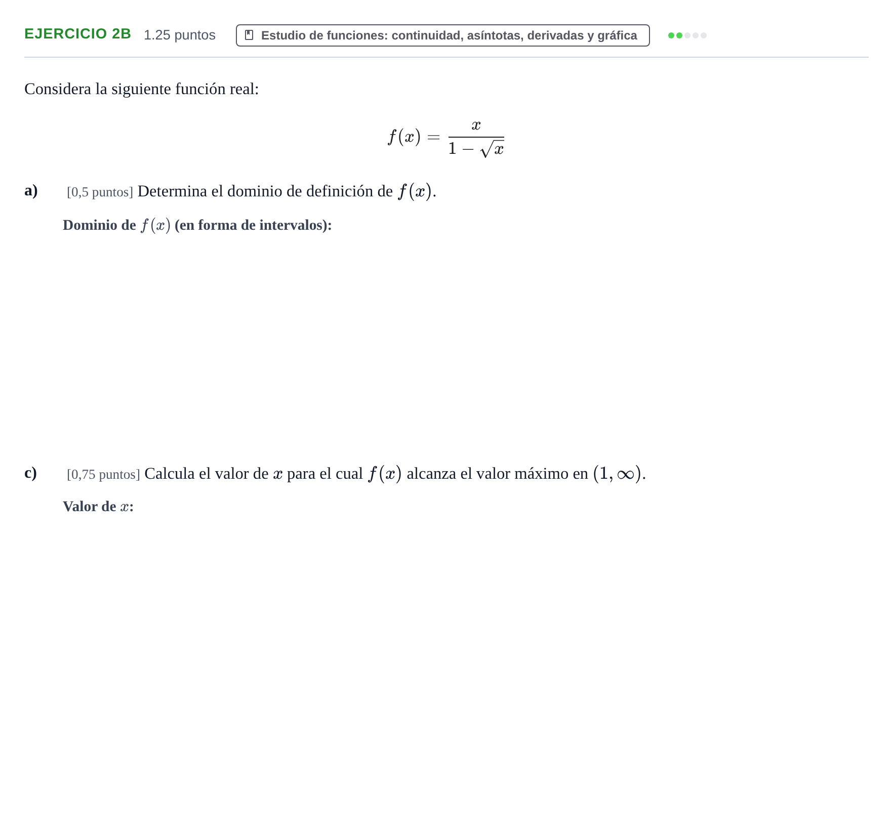 Enunciado: Ejercicio 2B - Estudio de funciones · Matemáticas II PAU Cantabria Extraordinaria 2026
