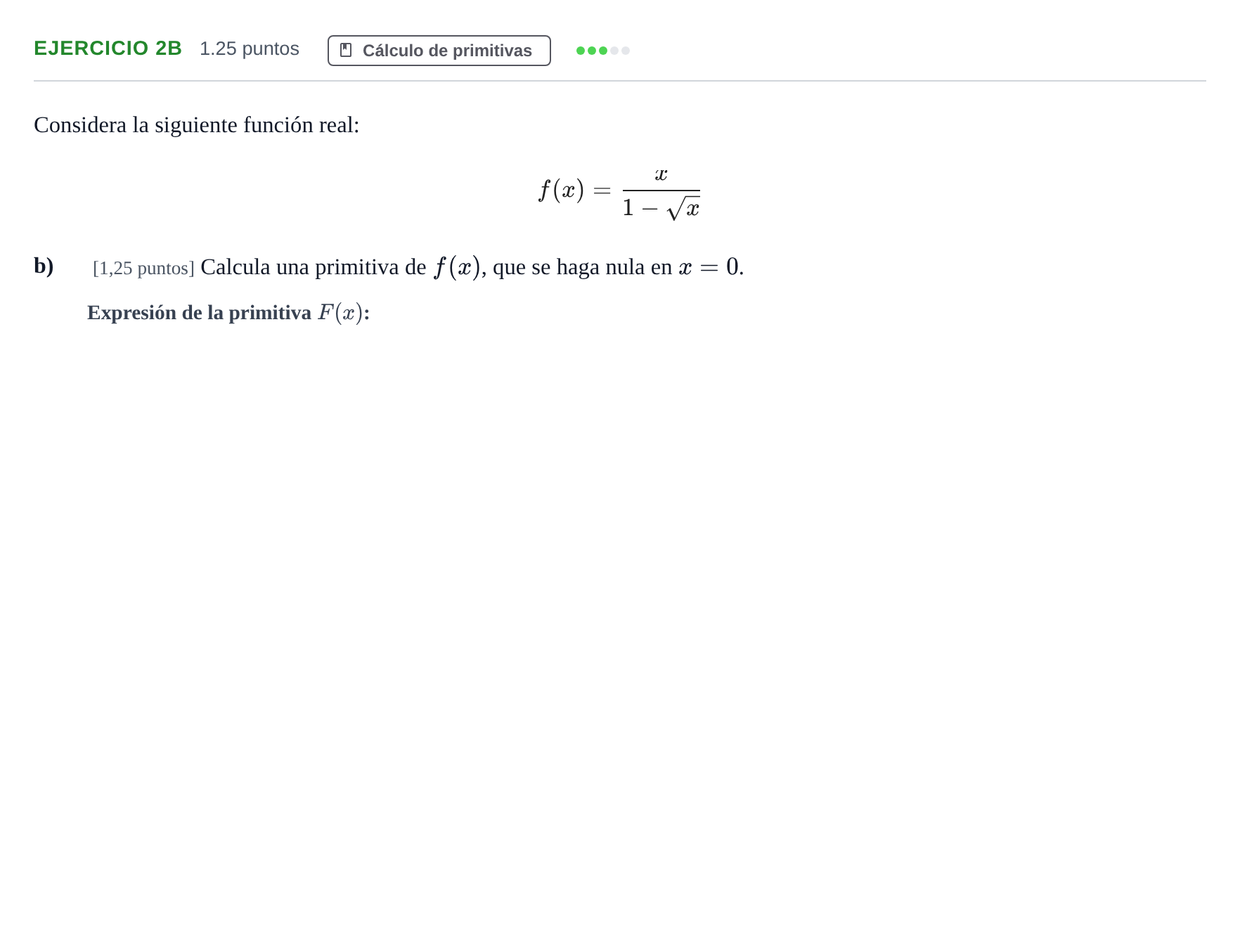 Enunciado: Ejercicio 2B - Cálculo de primitivas · Matemáticas II PAU Cantabria Extraordinaria 2026