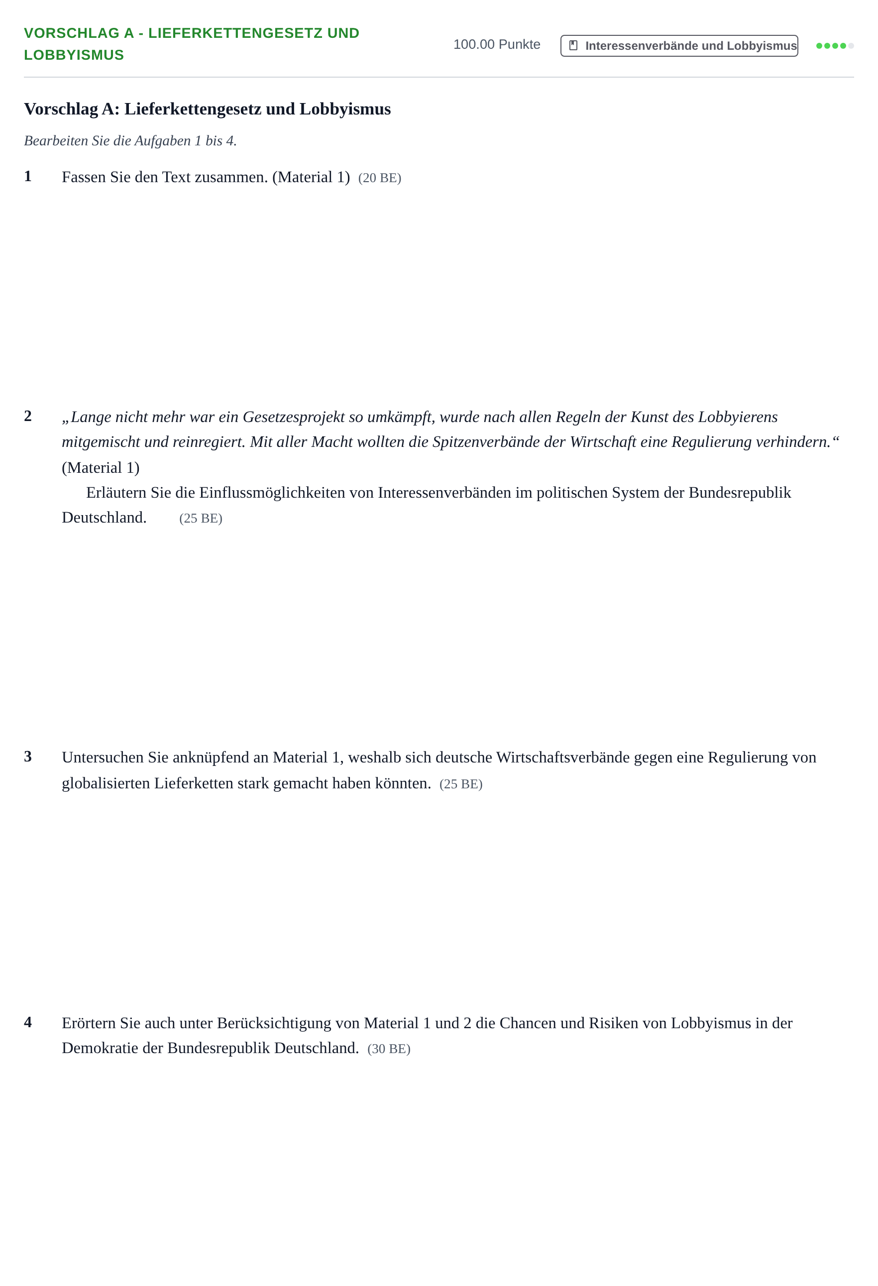 Aufgabenstellung: Aufgabe Vorschlag A - Lieferkettengesetz und Lobbyismus · Abitur Hessen Politik und Wirtschaft GK 2022