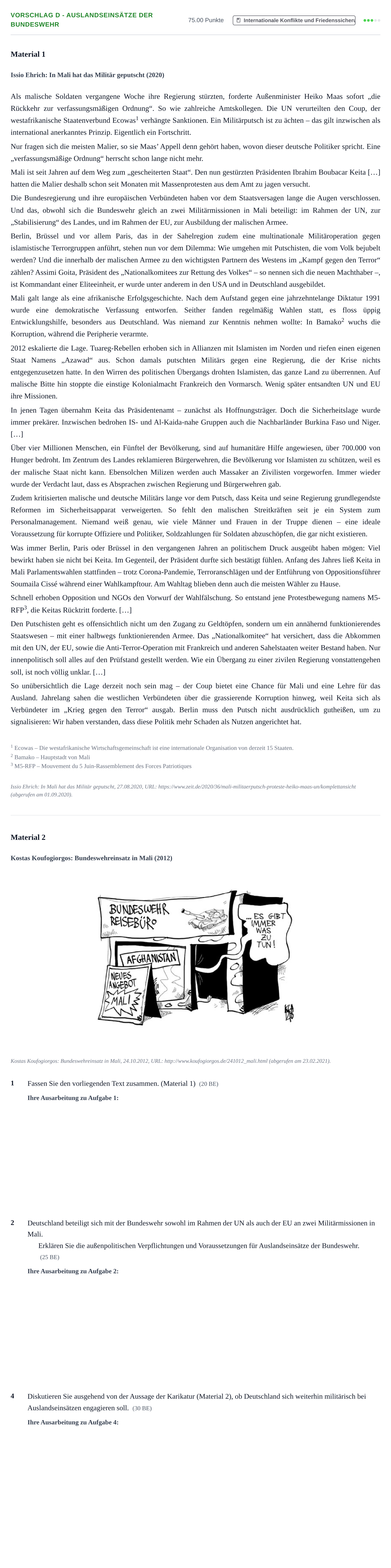 Aufgabenstellung: Aufgabe Vorschlag D - Auslandseinsätze der Bundeswehr · Abitur Hessen Politik und Wirtschaft GK 2022