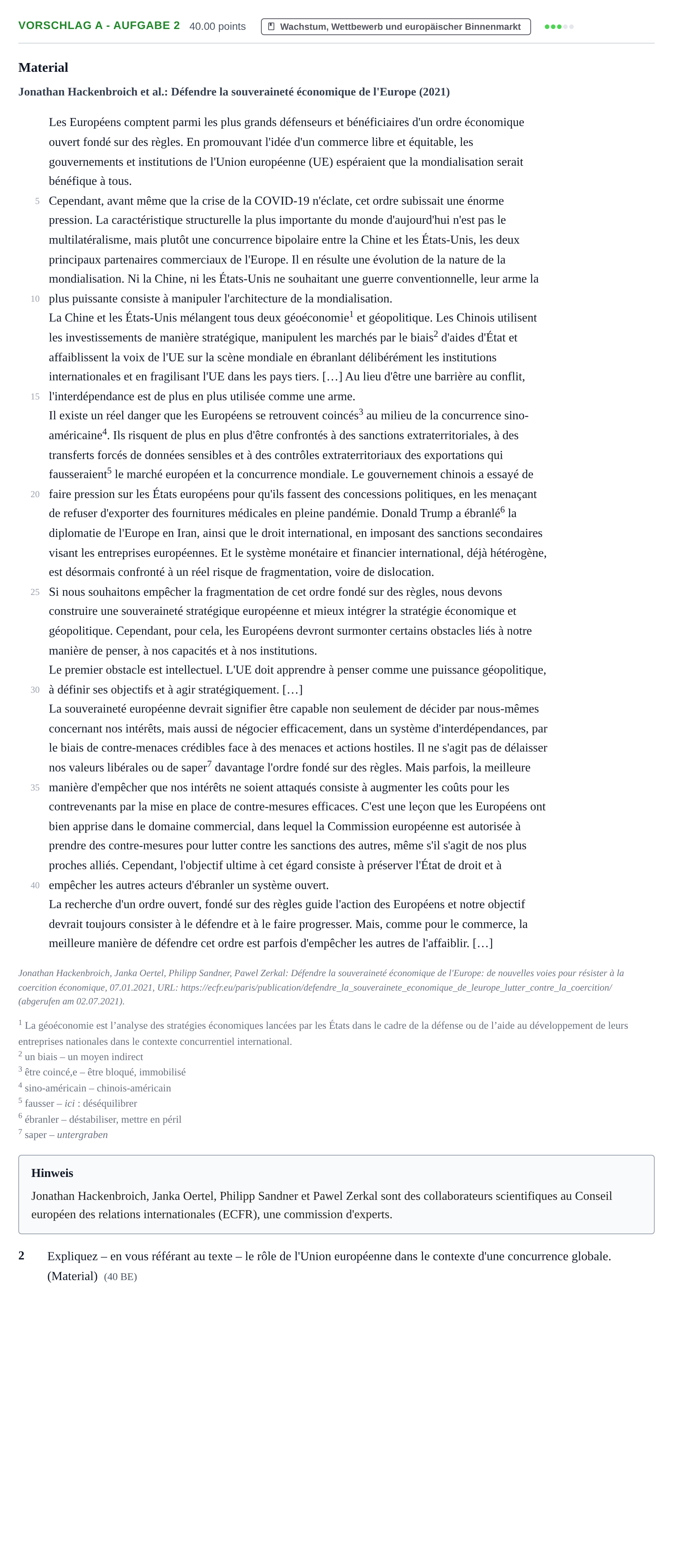 Aufgabenstellung: Aufgabe Vorschlag A - Aufgabe 2 · Abitur Hessen Politik und Wirtschaft GK · bilingual Französisch 2022