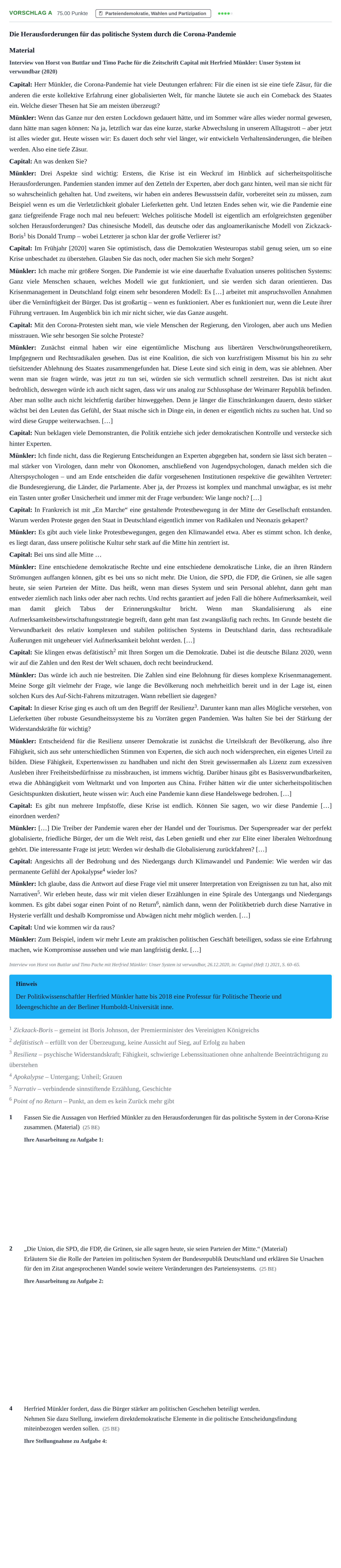 Aufgabenstellung: Aufgabe Vorschlag A - Parteiendemokratie, Wahlen und Part… · Abitur Hessen Politik und Wirtschaft LK 2022