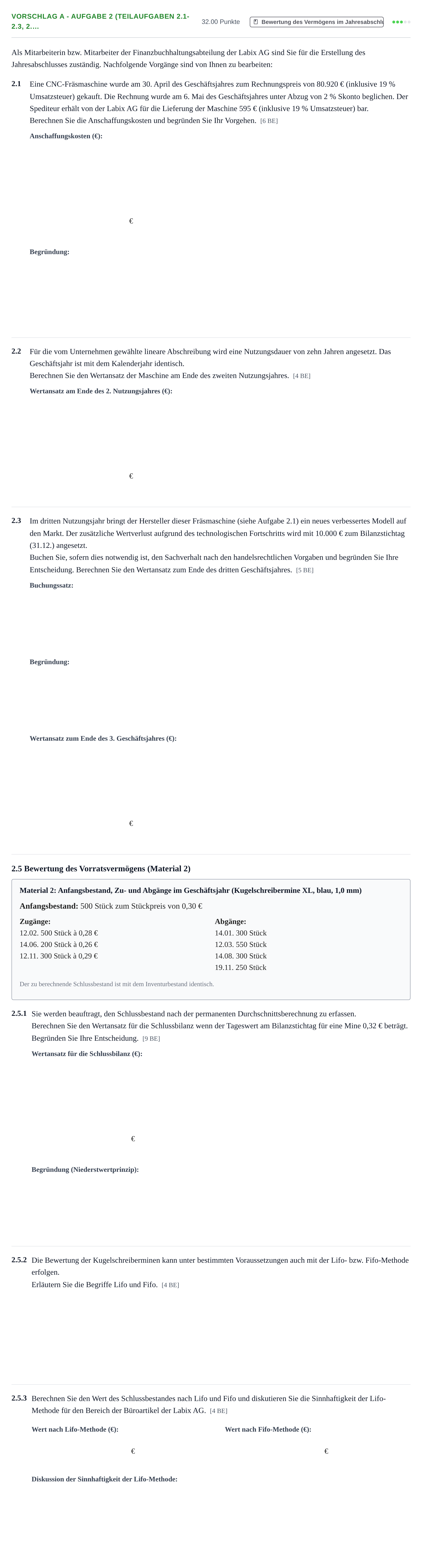 Aufgabenstellung: Aufgabe Vorschlag A - Aufgabe 2 (Teilaufgaben 2.1-2.3, 2.… · Abitur Hessen Rechnungswesen GK 2022
