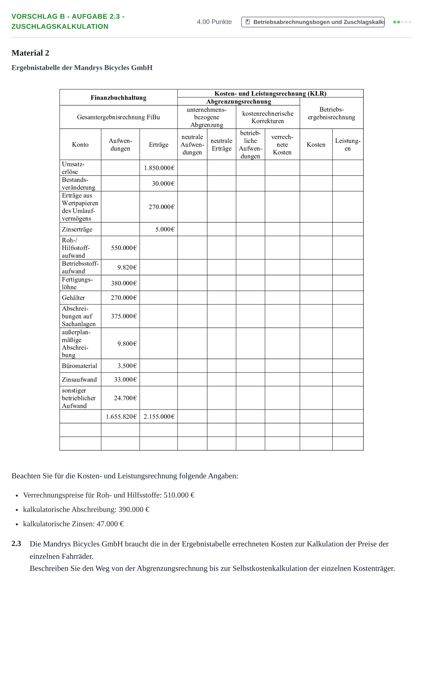 Aufgabenstellung: Aufgabe Vorschlag B - Aufgabe 2.3 - Zuschlagskalkulation · Abitur Hessen Rechnungswesen GK 2022