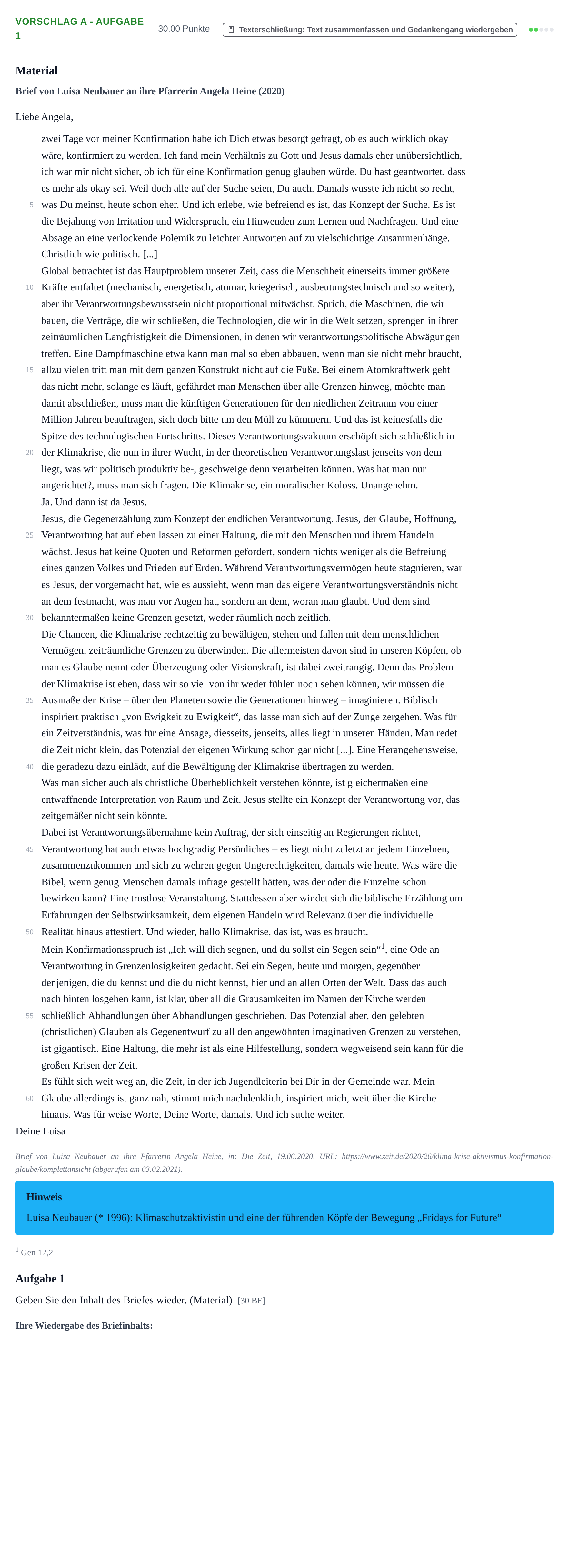 Aufgabenstellung: Aufgabe Vorschlag A - Aufgabe 1 · Abitur Hessen Evangelische Religion GK 2022