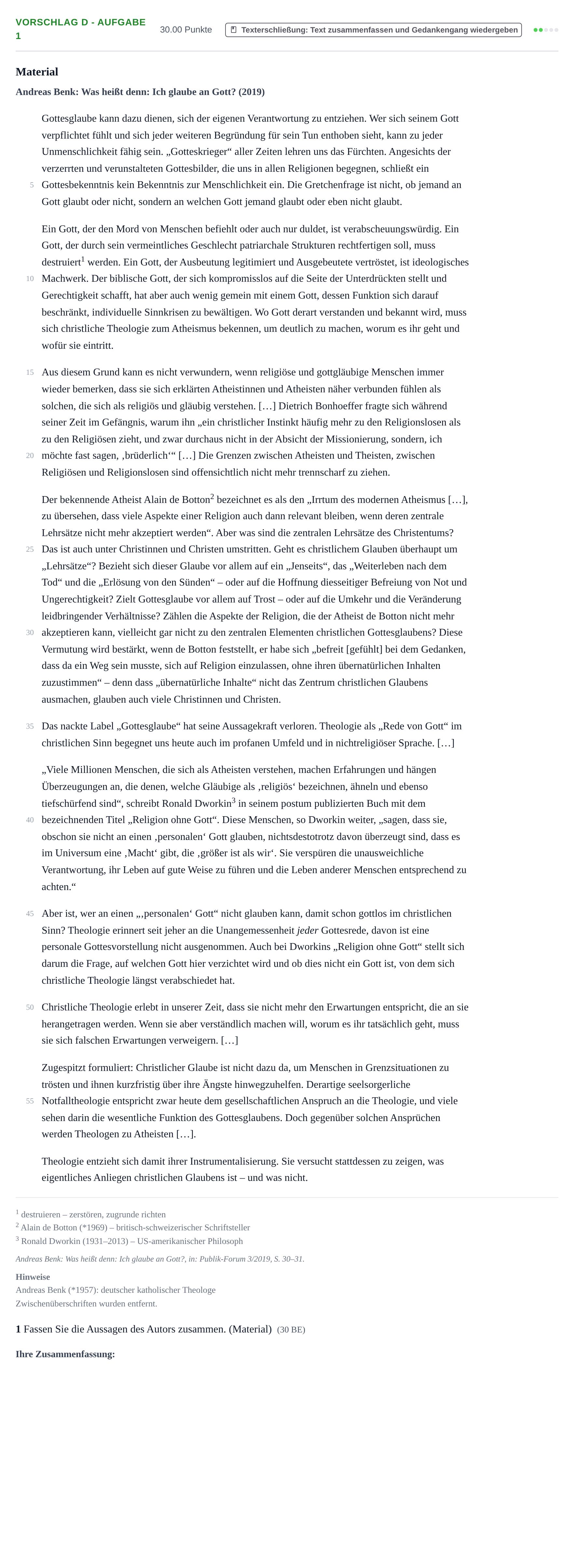 Aufgabenstellung: Aufgabe Vorschlag D - Aufgabe 1 · Abitur Hessen Evangelische Religion GK 2022