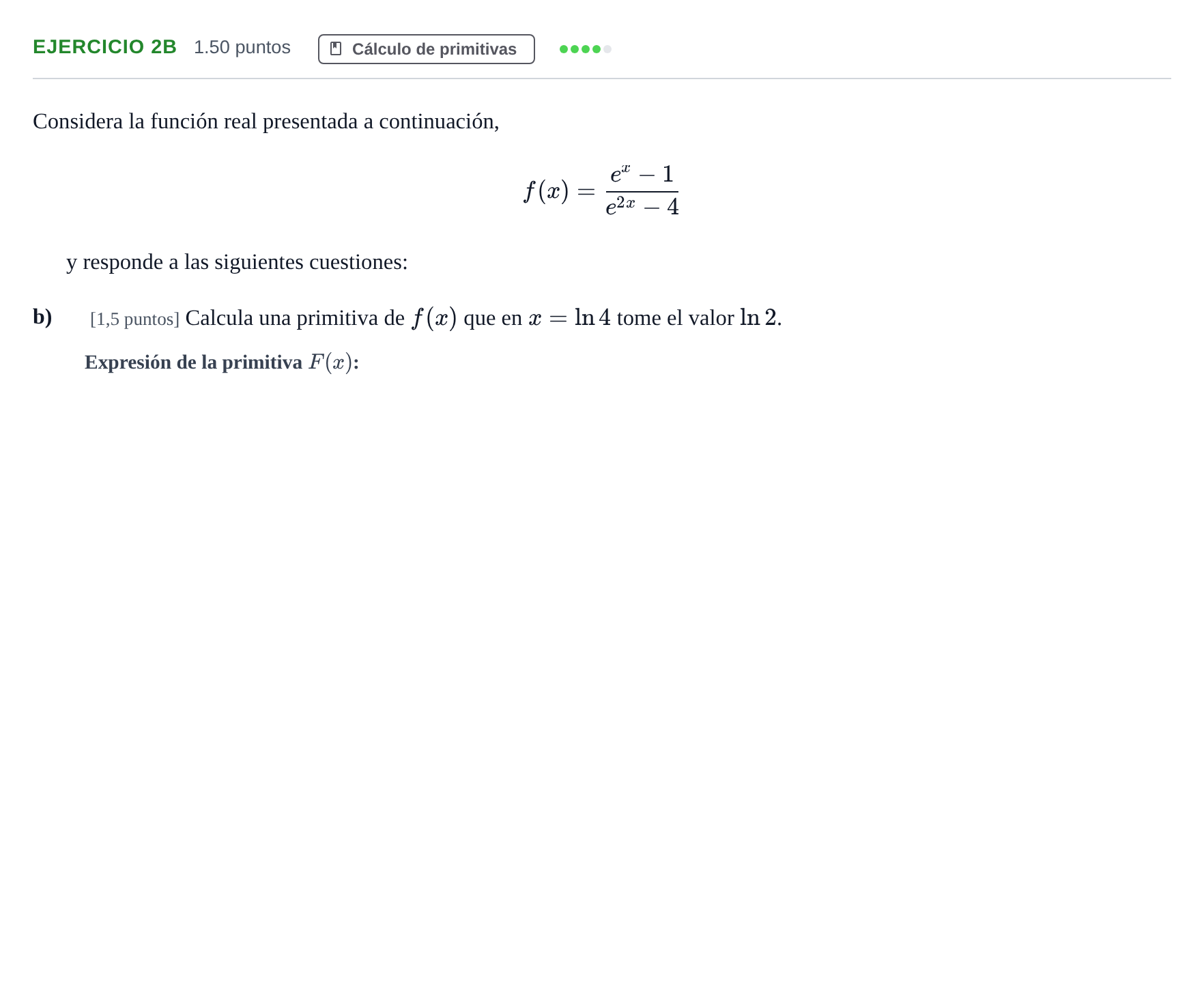 Enunciado: Ejercicio 2B - Cálculo de primitivas · Matemáticas II PAU Cantabria Ordinaria 2026