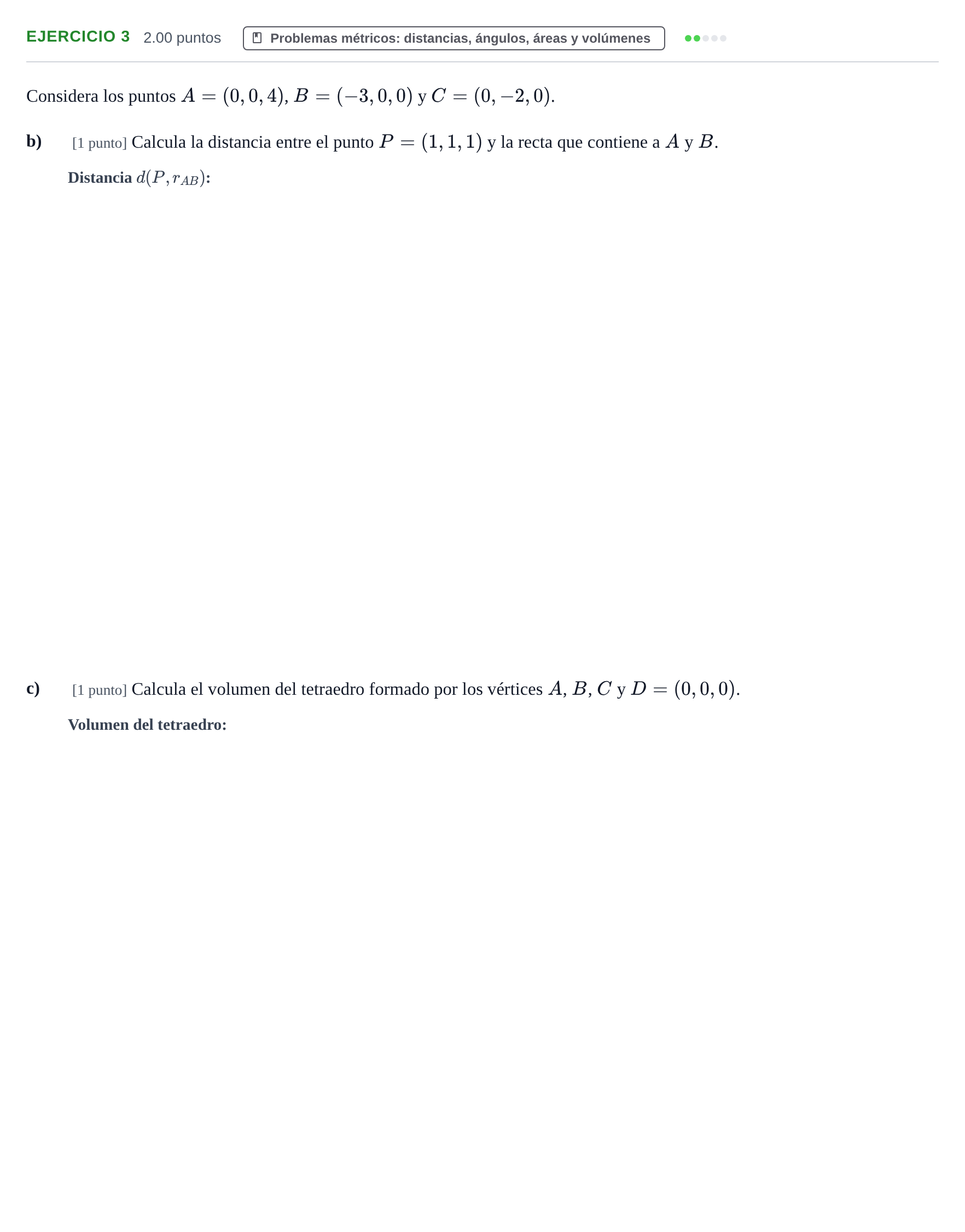 Enunciado: Ejercicio 3 - Problemas métricos · Matemáticas II PAU Cantabria Ordinaria 2026