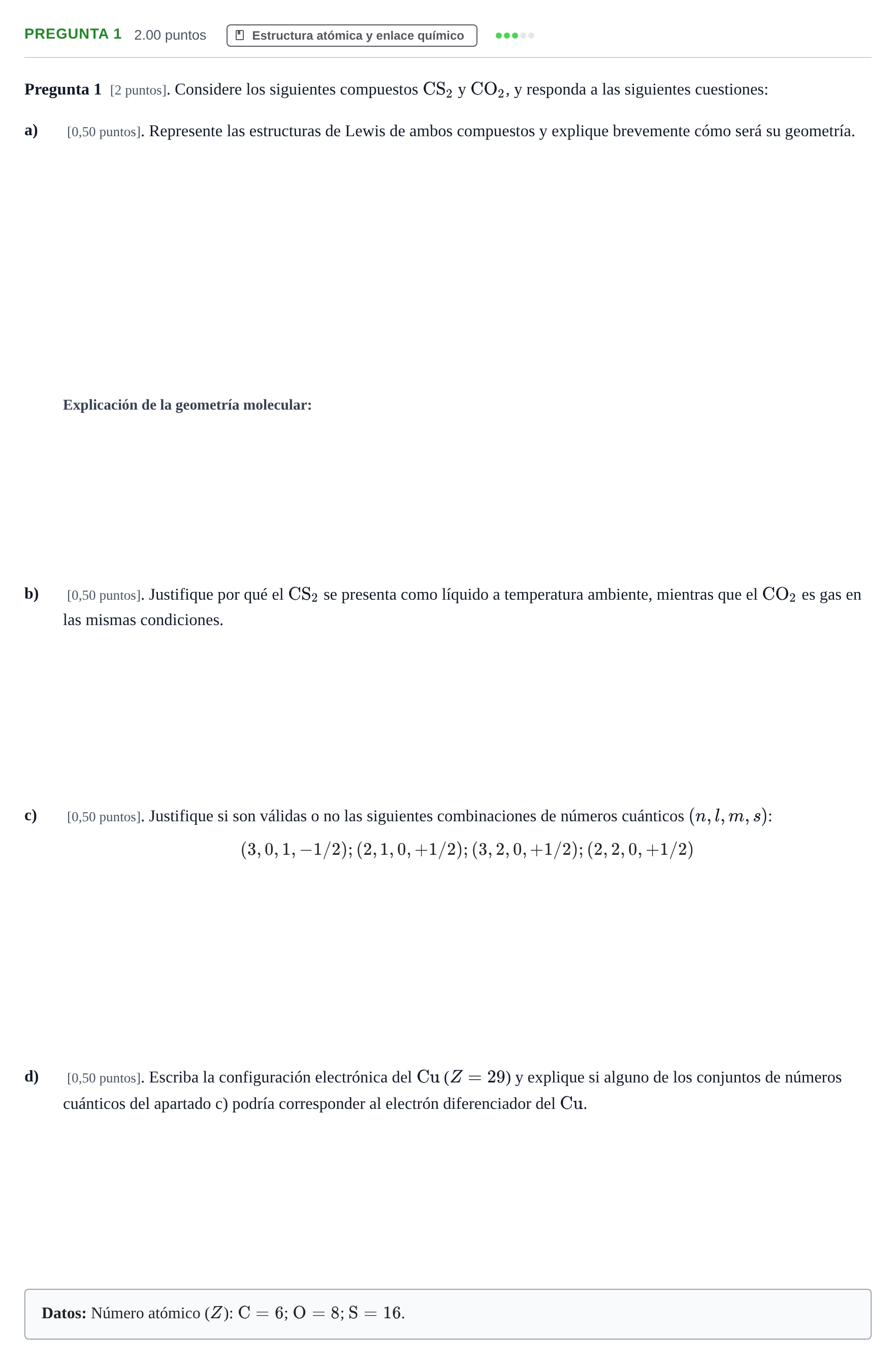 Enunciado: Pregunta 1 · Química PAU Cantabria Extraordinaria 2026