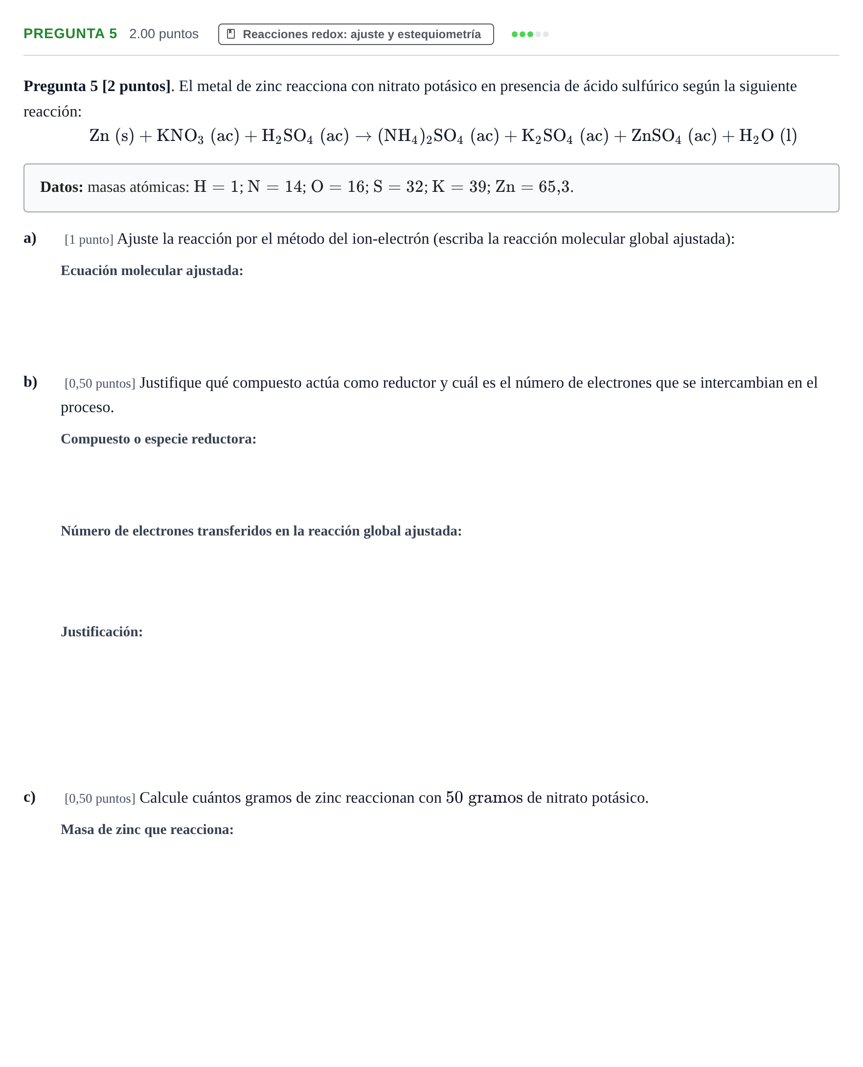 Enunciado: Pregunta 5 · Química PAU Cantabria Extraordinaria 2026
