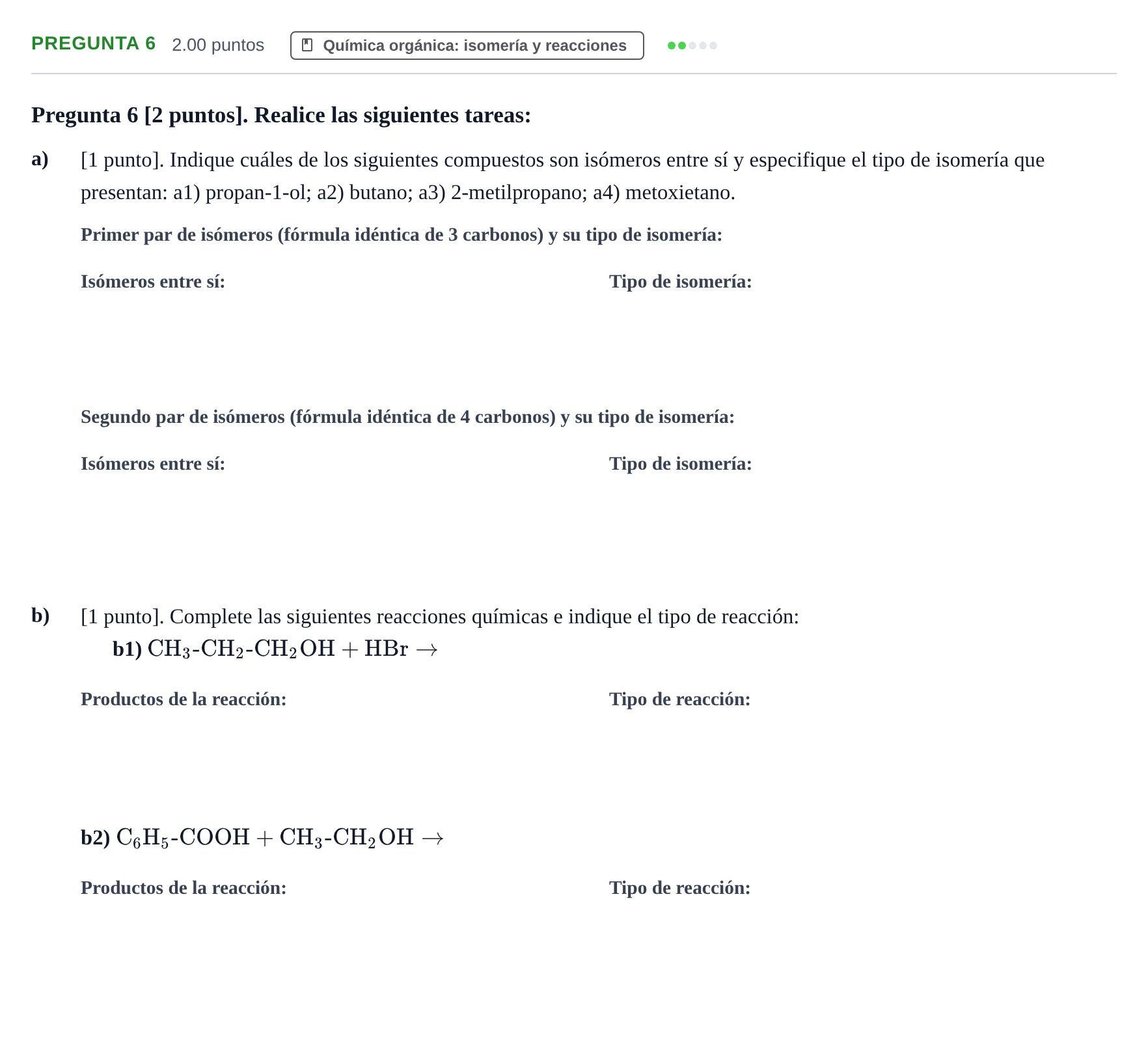 Enunciado: Pregunta 6 · Química PAU Cantabria Extraordinaria 2026