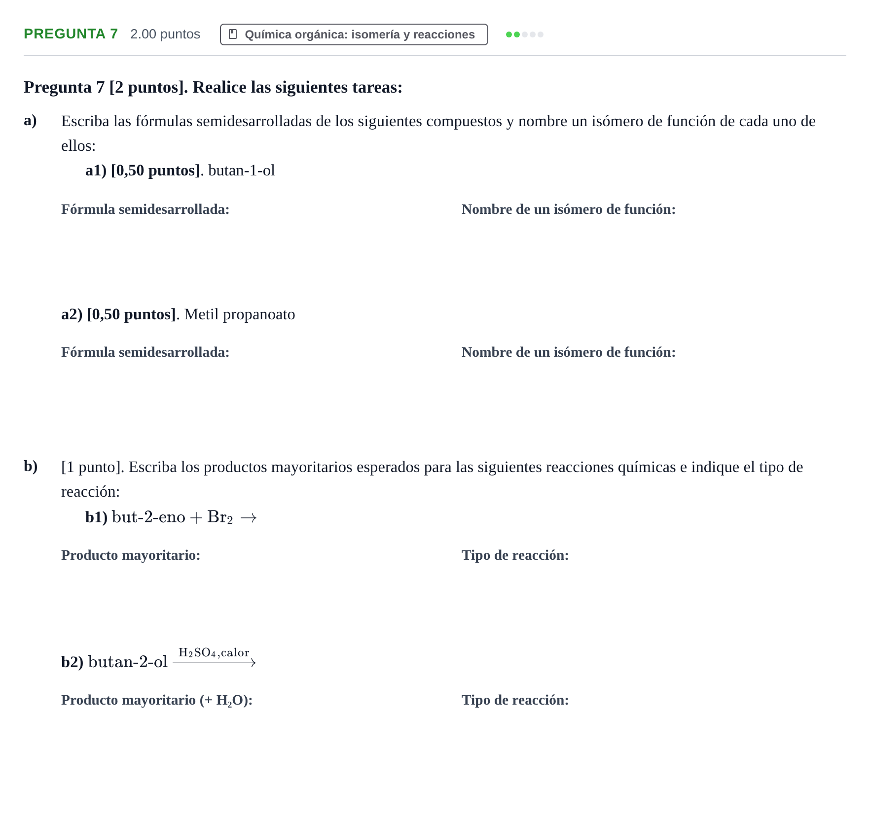 Enunciado: Pregunta 7 · Química PAU Cantabria Extraordinaria 2026