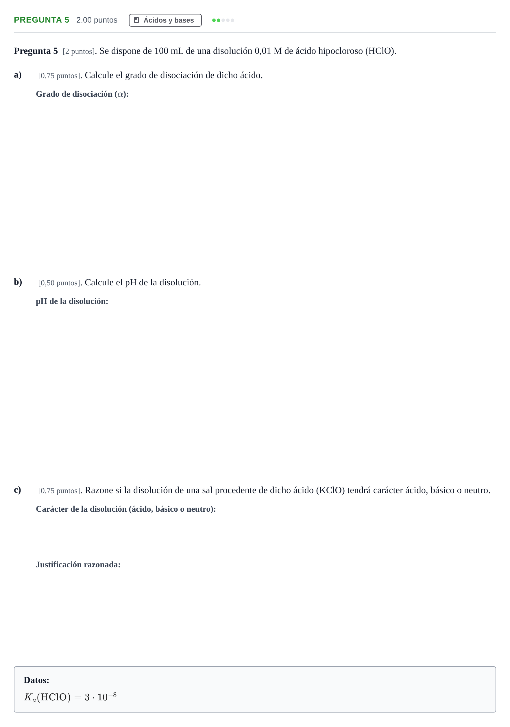 Enunciado: Pregunta 5 · Química PAU Cantabria Ordinaria 2026