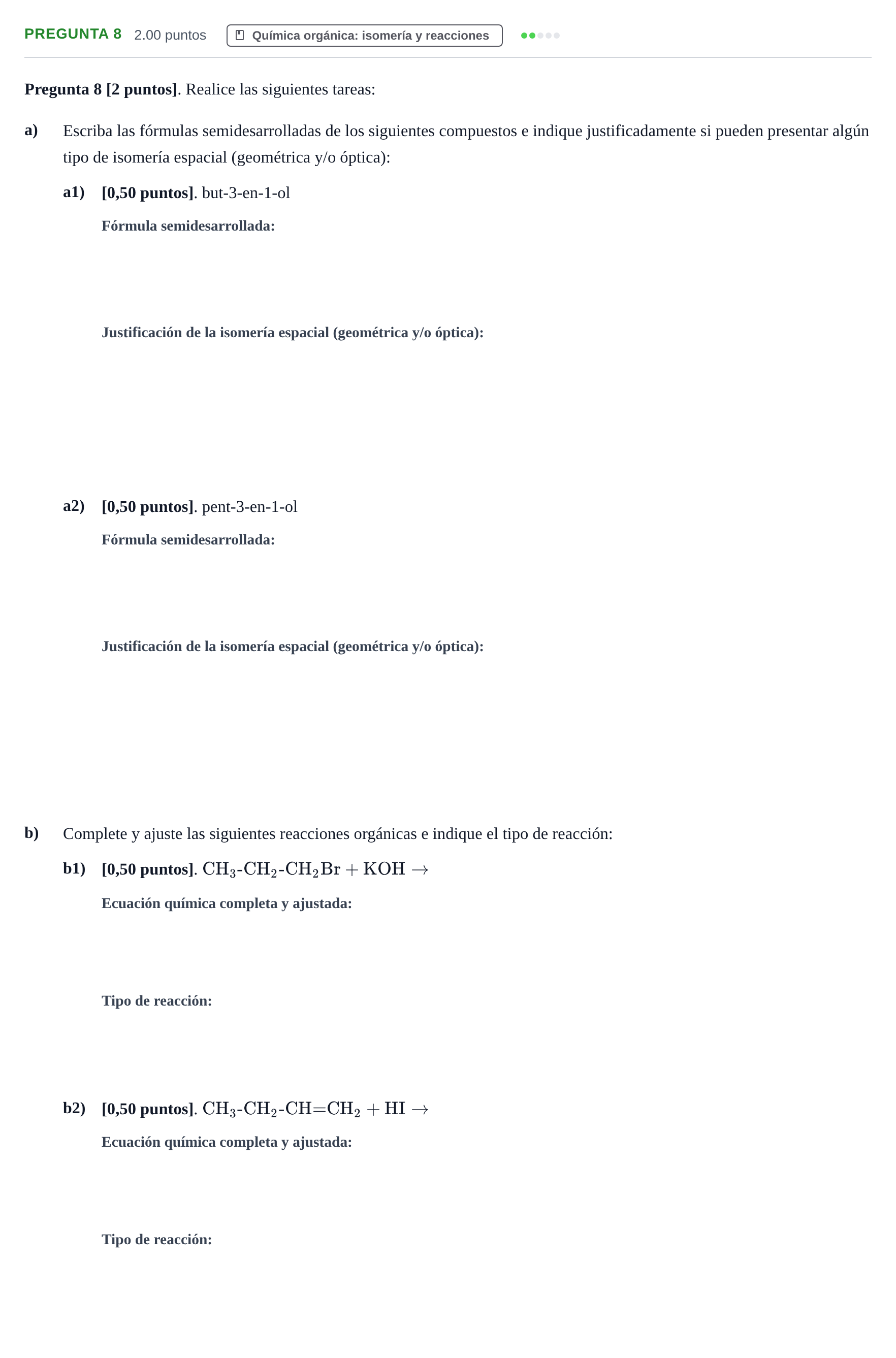 Enunciado: Pregunta 8 · Química PAU Cantabria Ordinaria 2026