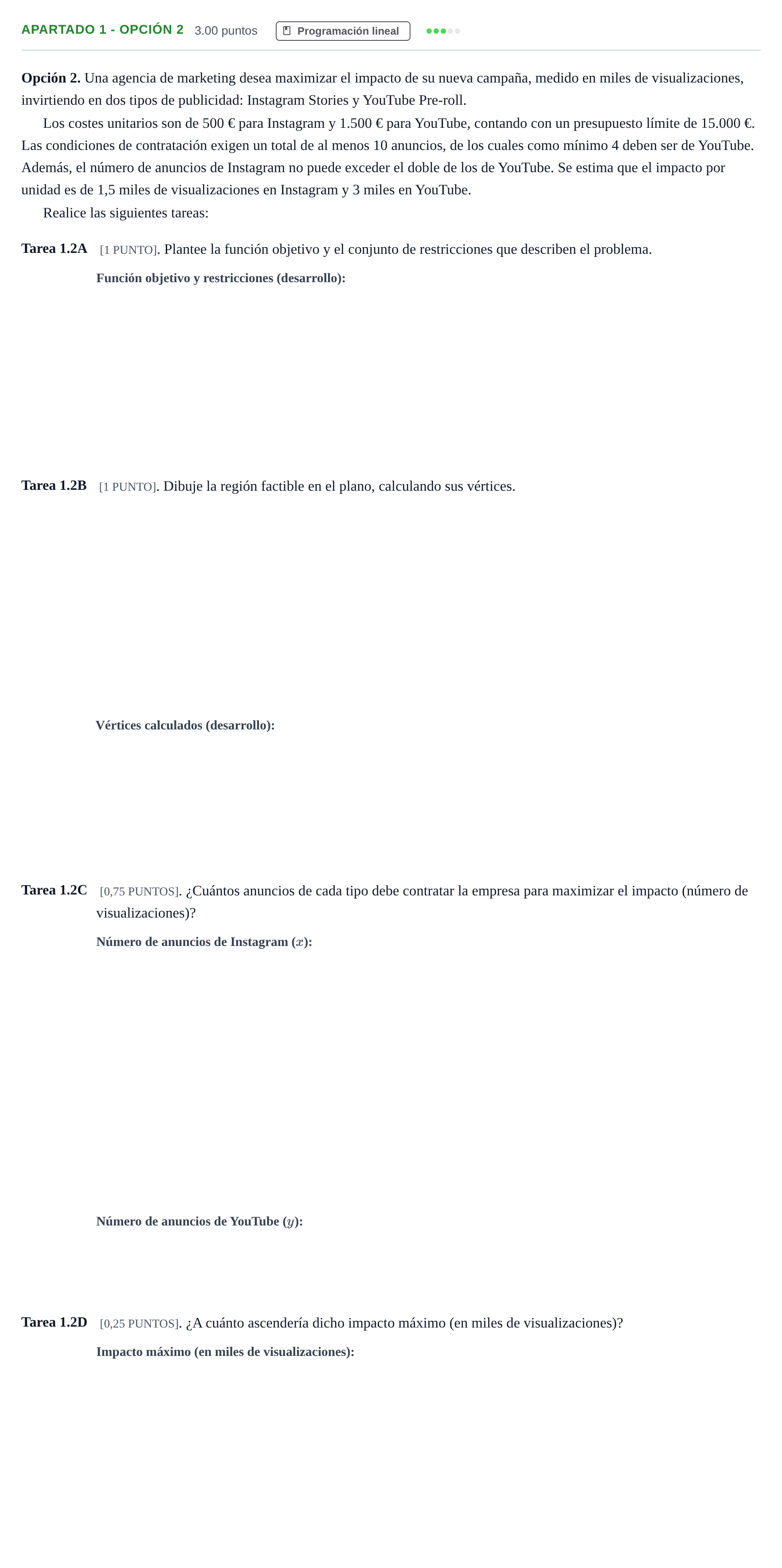 Enunciado: Apartado 1 - Opción 2 · Matemáticas aplicadas a las Ciencias Sociales II PAU Cantabria Ordinaria 2026