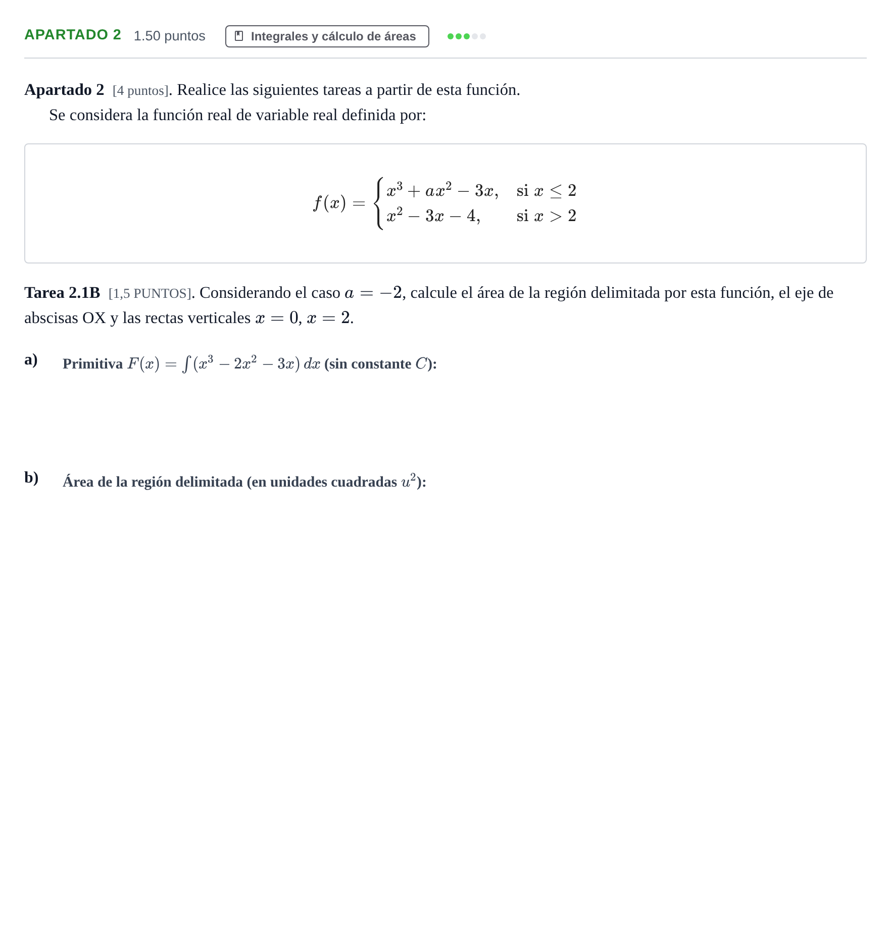 Enunciado: Apartado 2 - Integrales y cálculo de áreas · Matemáticas aplicadas a las Ciencias Sociales II PAU Cantabria Ordinaria 2026