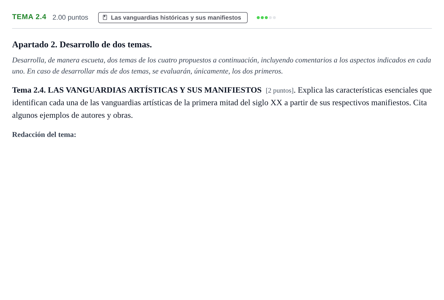 Enunciado: Ejercicio Tema 2.4 · Movimientos Culturales y Artísticos PAU Cantabria Ordinaria 2026