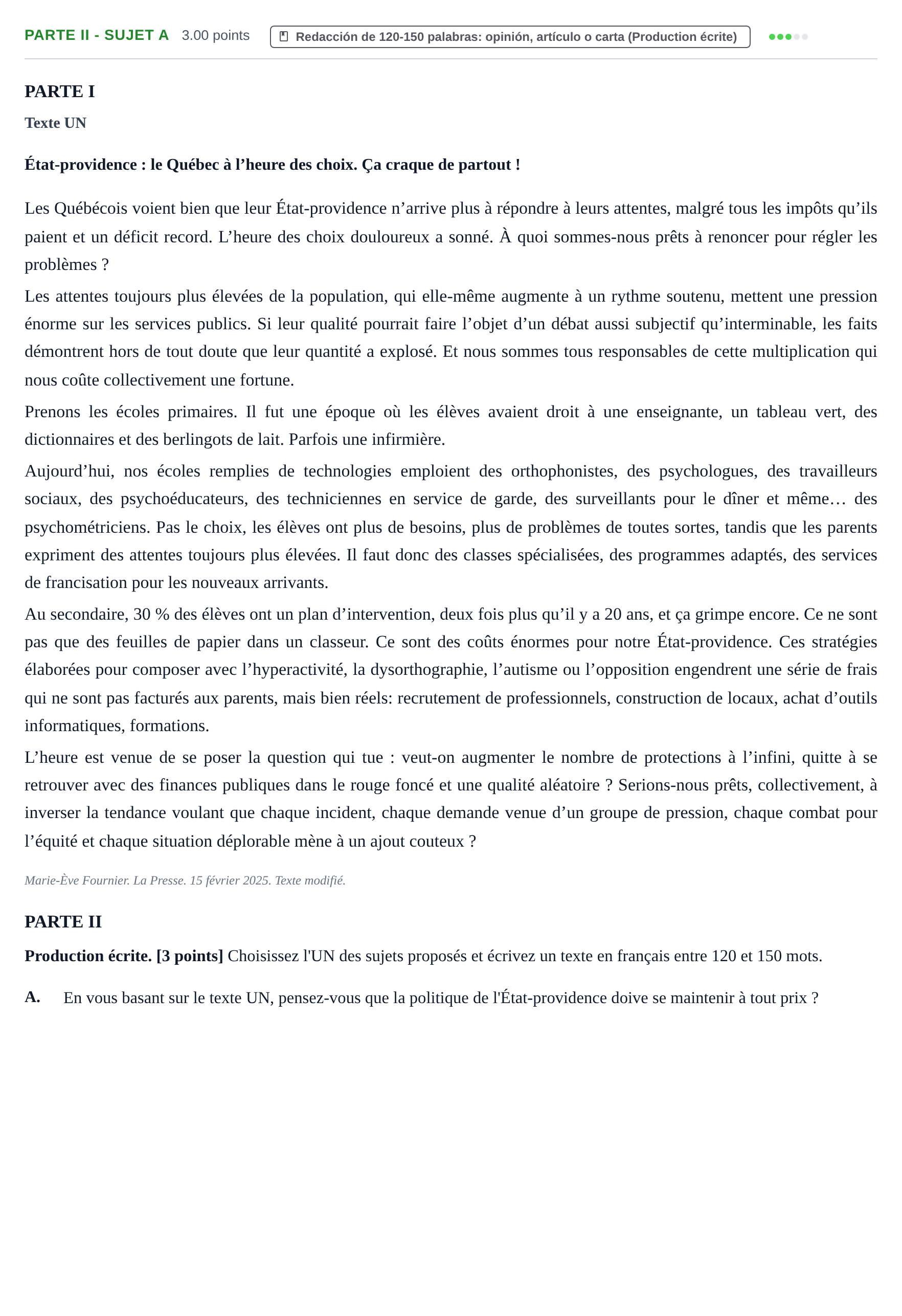 Enunciado: Ejercicio Parte II - Sujet A · Francés PAU Cantabria Extraordinaria 2025