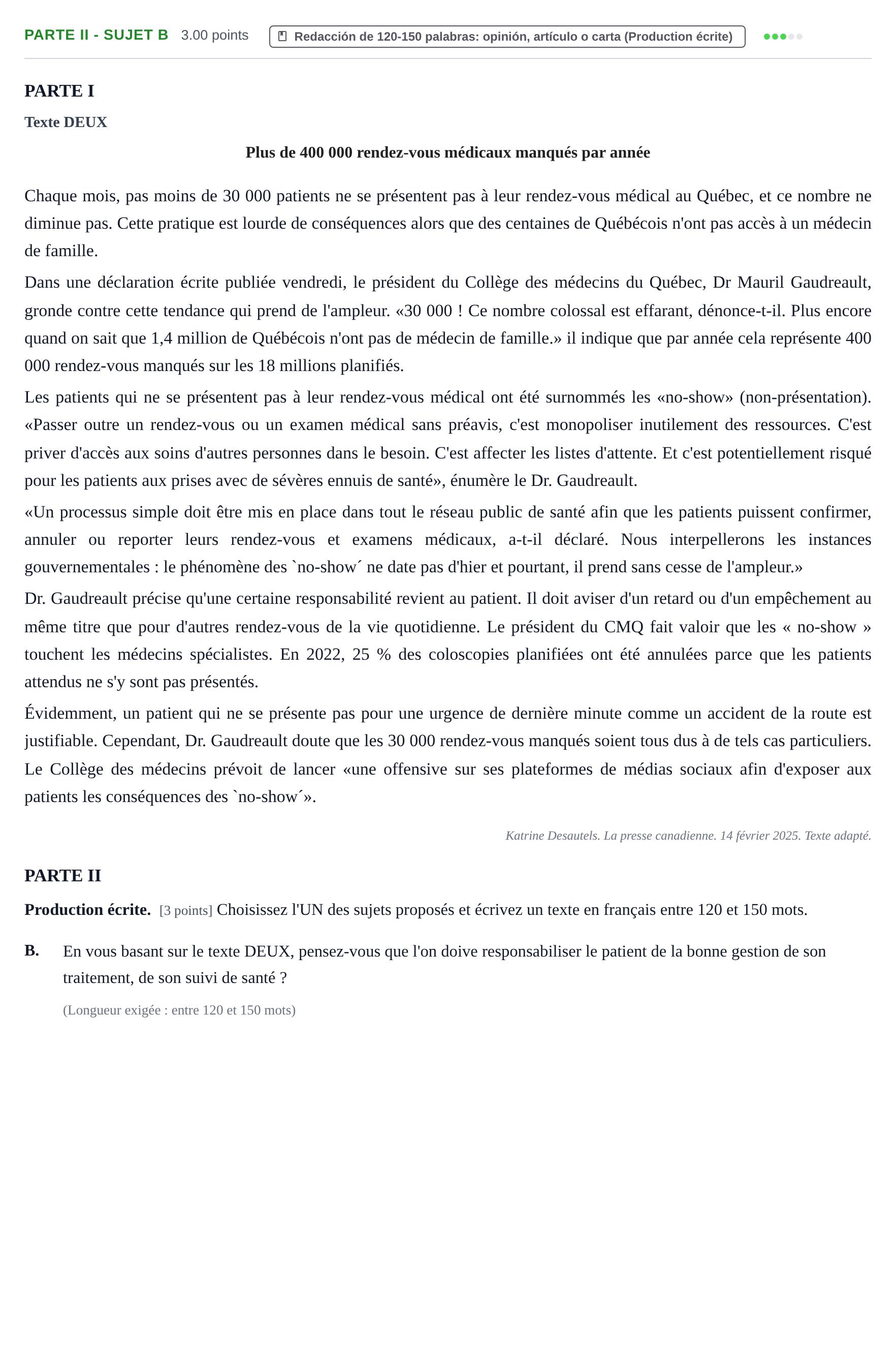 Enunciado: Ejercicio Parte II - Sujet B · Francés PAU Cantabria Extraordinaria 2025