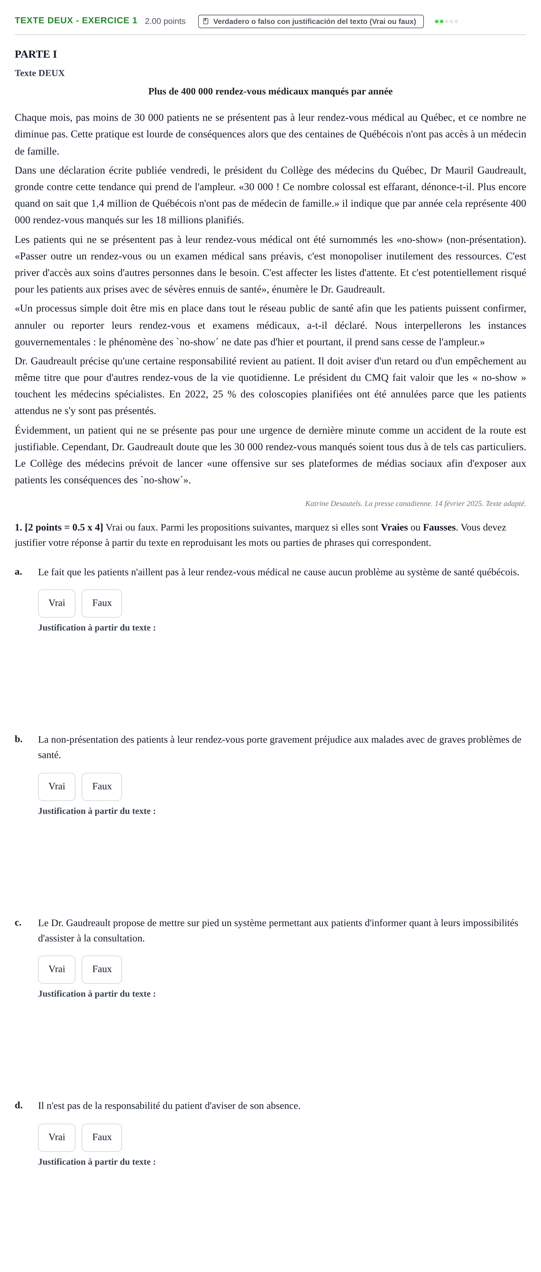 Enunciado: Ejercicio Texte DEUX - Exercice 1 · Francés PAU Cantabria Extraordinaria 2025