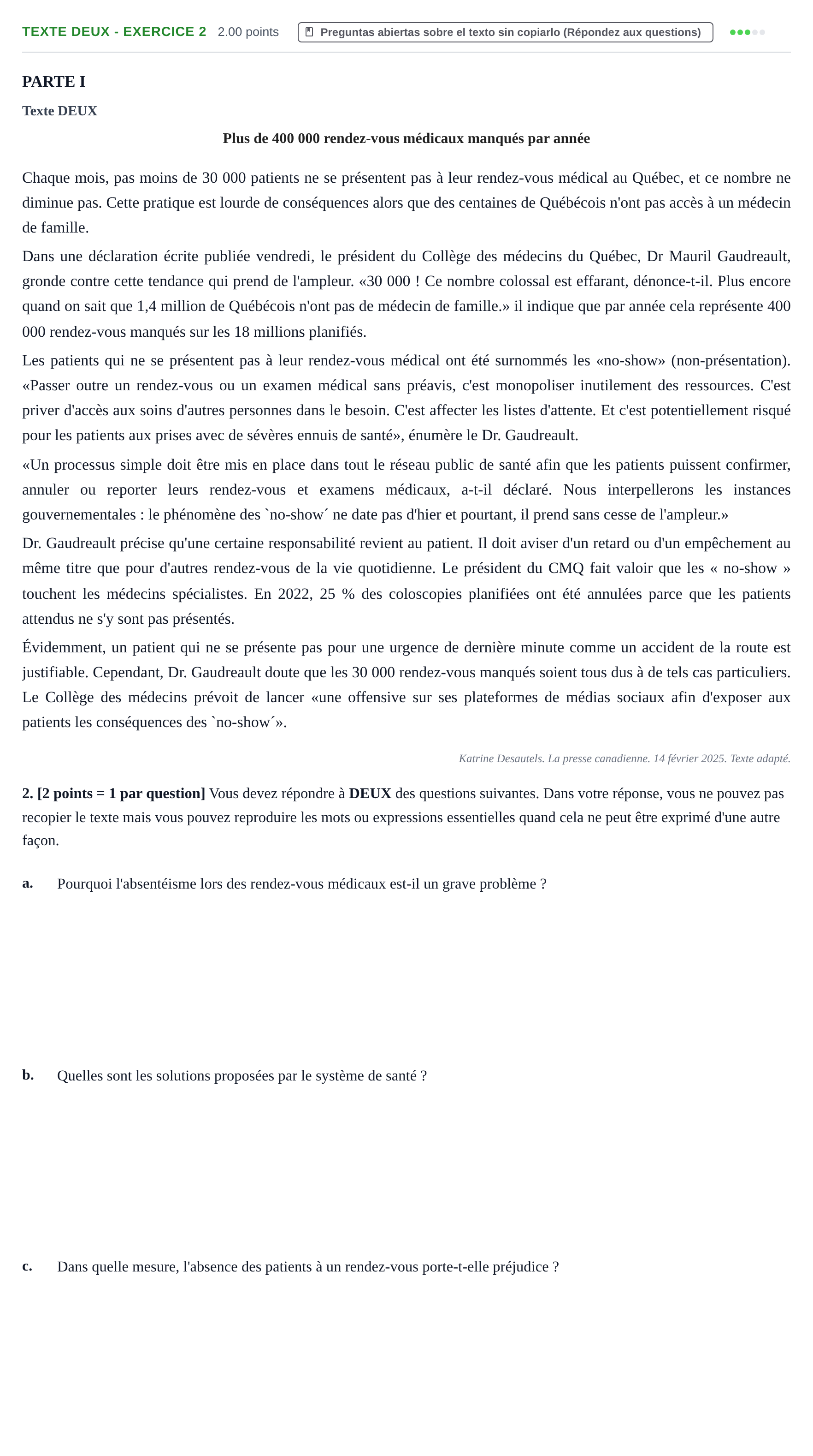 Enunciado: Ejercicio Texte DEUX - Exercice 2 · Francés PAU Cantabria Extraordinaria 2025