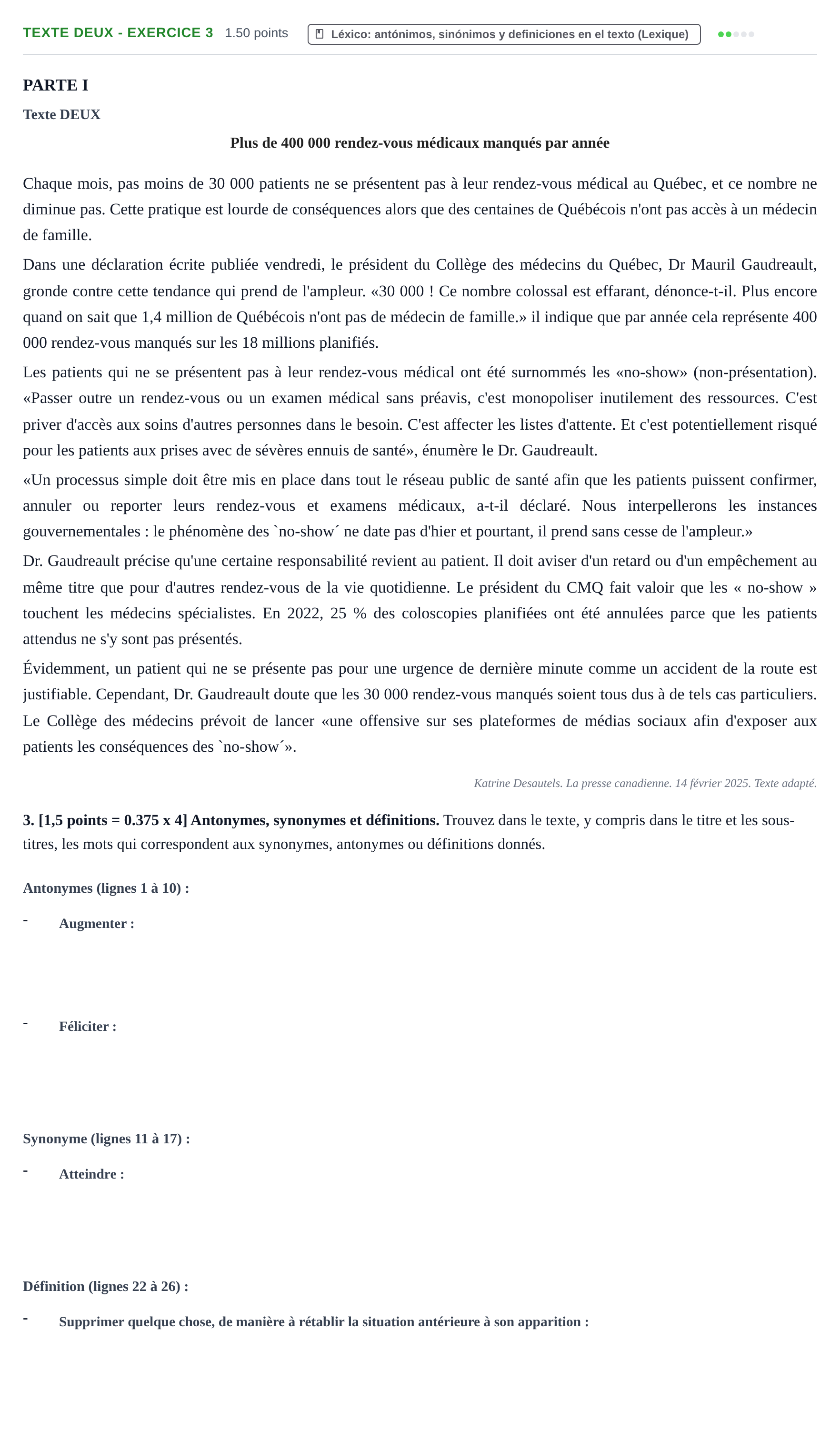Enunciado: Ejercicio Texte DEUX - Exercice 3 · Francés PAU Cantabria Extraordinaria 2025