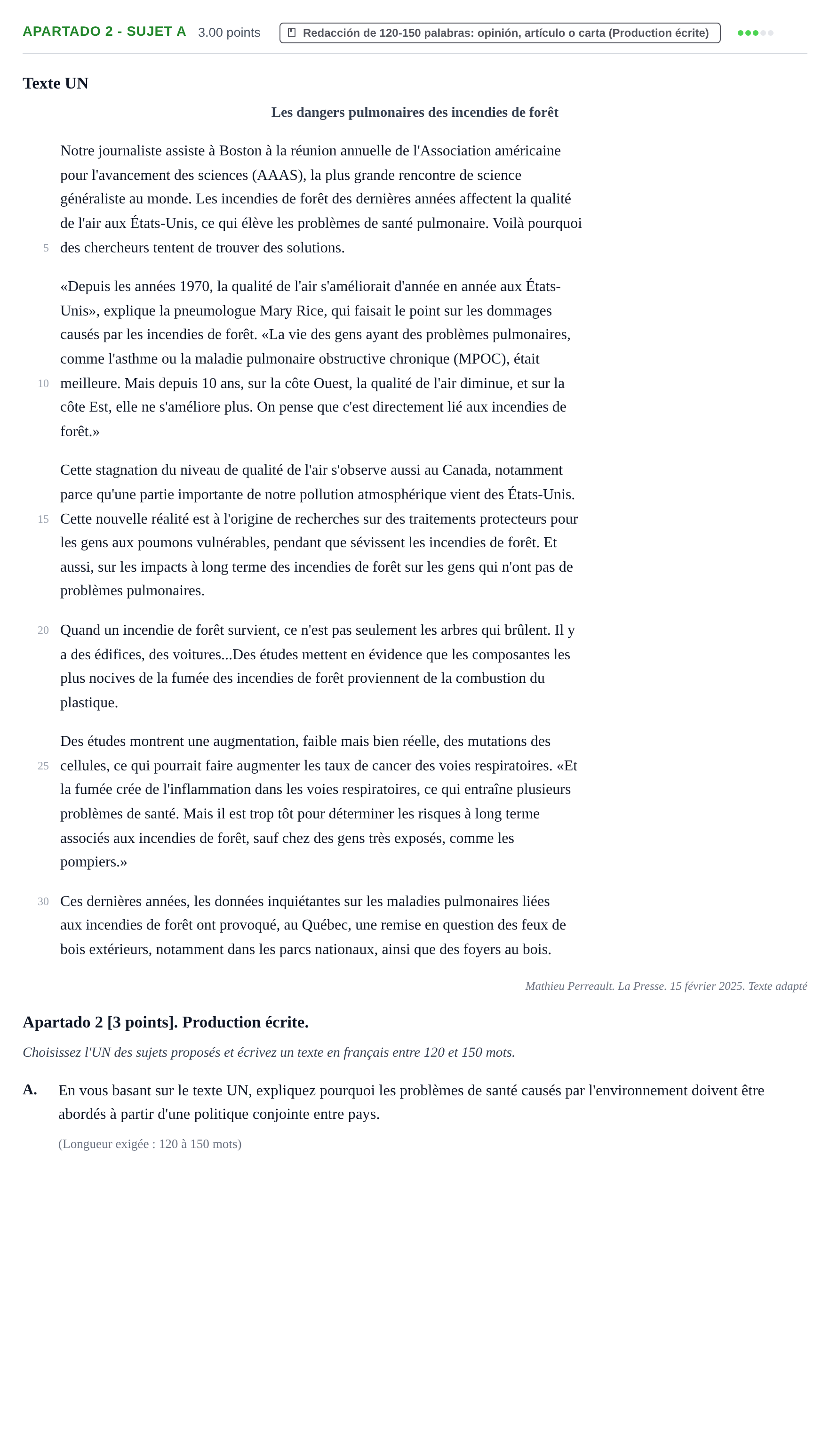 Enunciado: Apartado 2 - Sujet A · Francés PAU Cantabria Ordinaria 2025